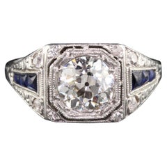 Antique Art Deco Platinum Diamond and Sapphire Engagement Ring, GIA Certified