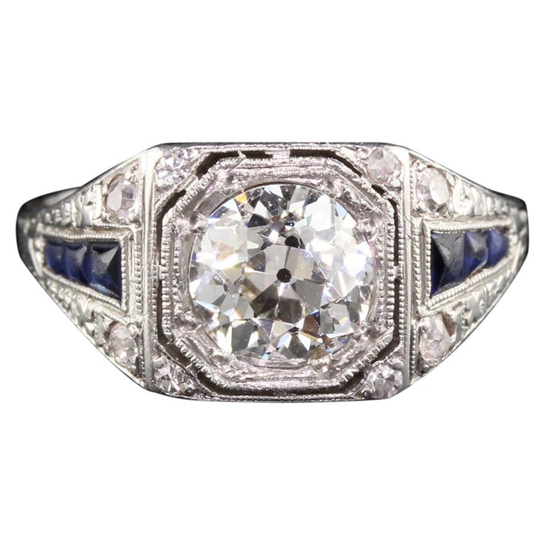 Antique Art Deco Platinum Diamond and Sapphire Engagement Ring, GIA
