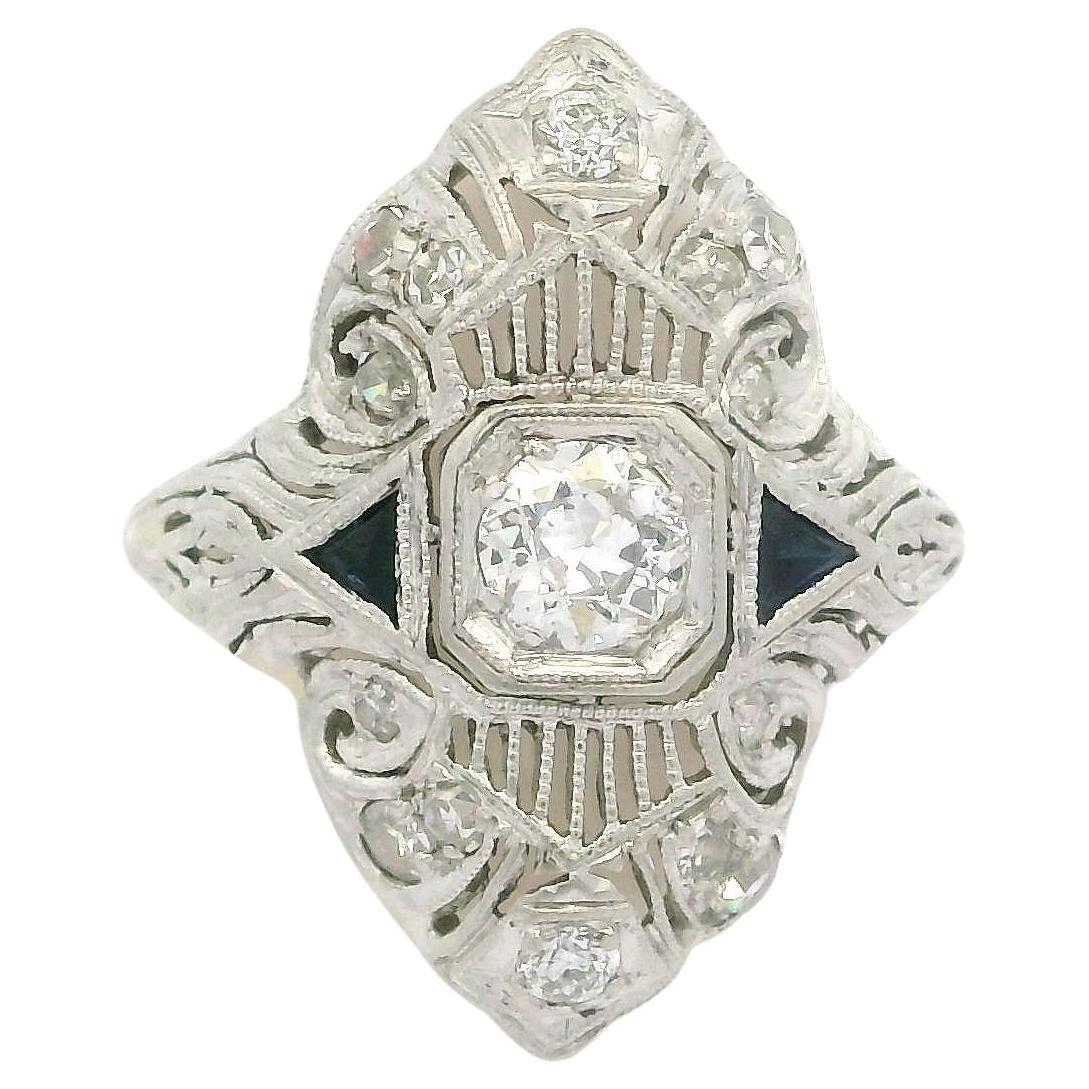 Antique Art Deco Platinum Diamond & Sapphire Filigree Milgrain Work Dinner Ring