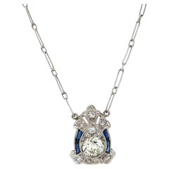 Antique Art Deco Platinum Diamond Shield Pendant Handmade Chain Necklace