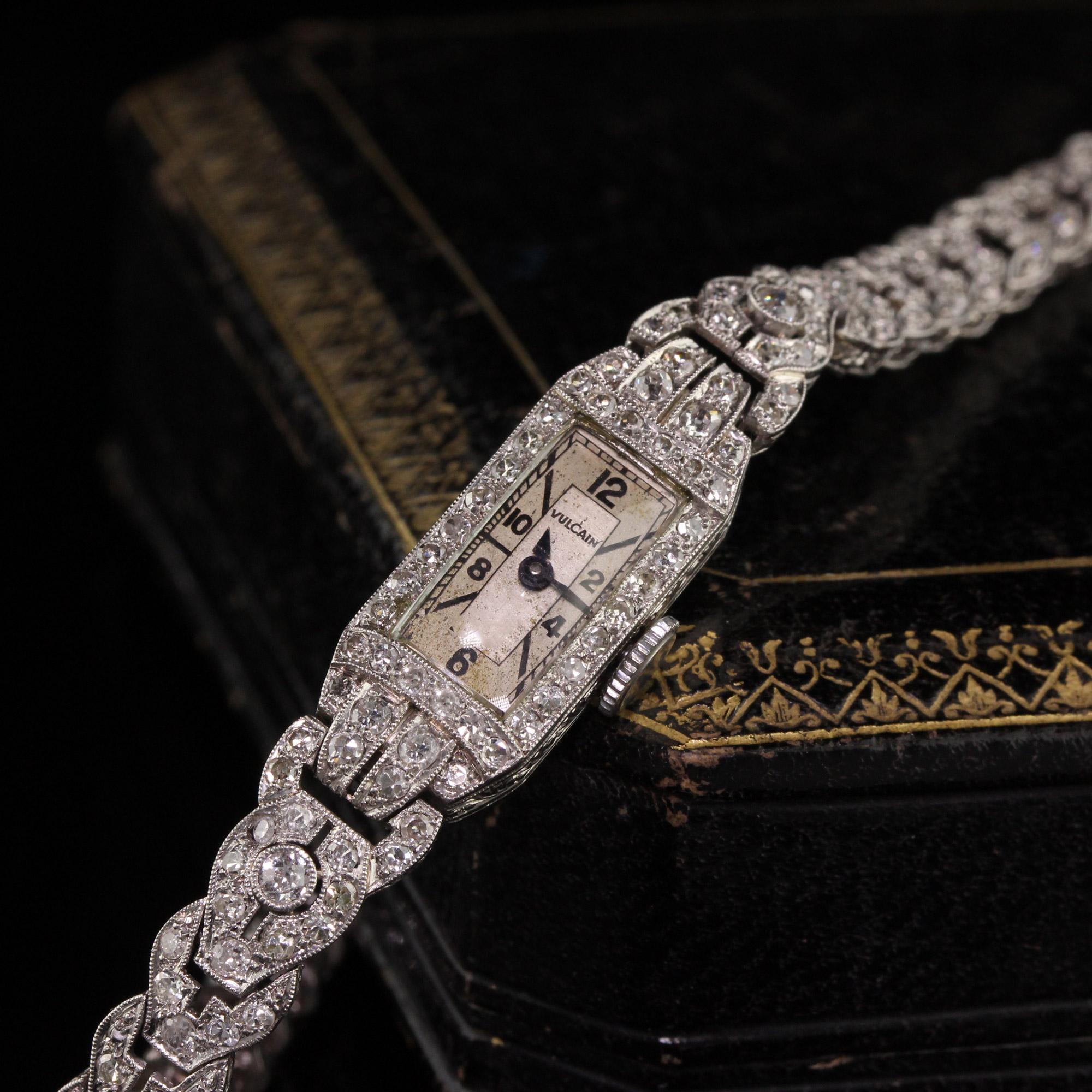 Stunning Art Deco Platinum Diamond Vulcain watch. The whole watch is completely covered in diamonds. 

Metal: Platinum

Weight: 13.8 Grams

Total Diamond Weight: Approximately 3.00 CTS

Diamond Color: H

Diamond Clarity: VS2 - SI1

Measurements: 0.5