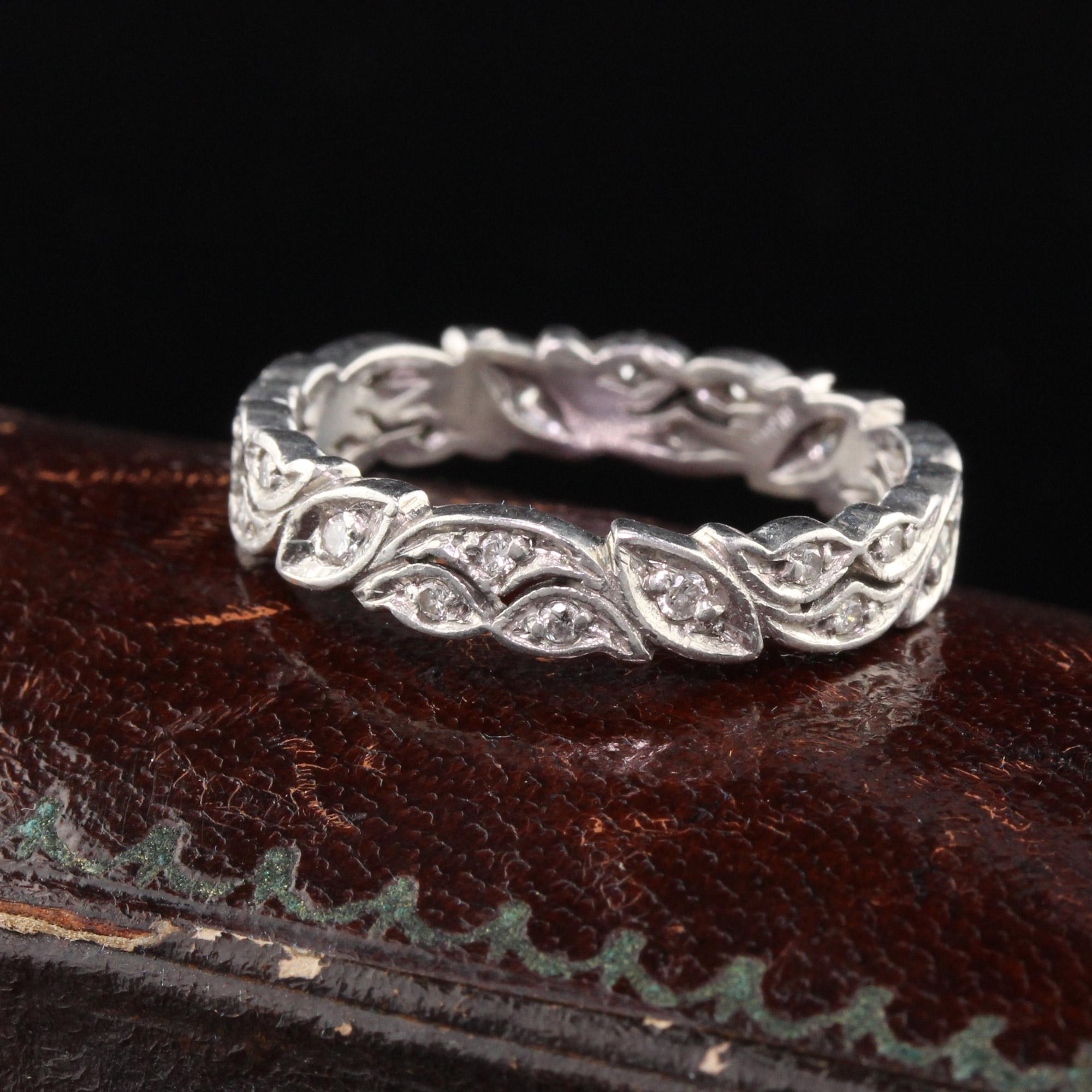 Beautiful Art Deco Platinum Diamond Eternity Wedding Band with a leaf-like design.

#R0170

Metal: Platinum

Weight: 6 Grams

Total Diamond Weight: Approximately 0.35 cts

Diamond Color: H

Diamond Clarity: SI1

Ring Size: 8

*Unfortunately this