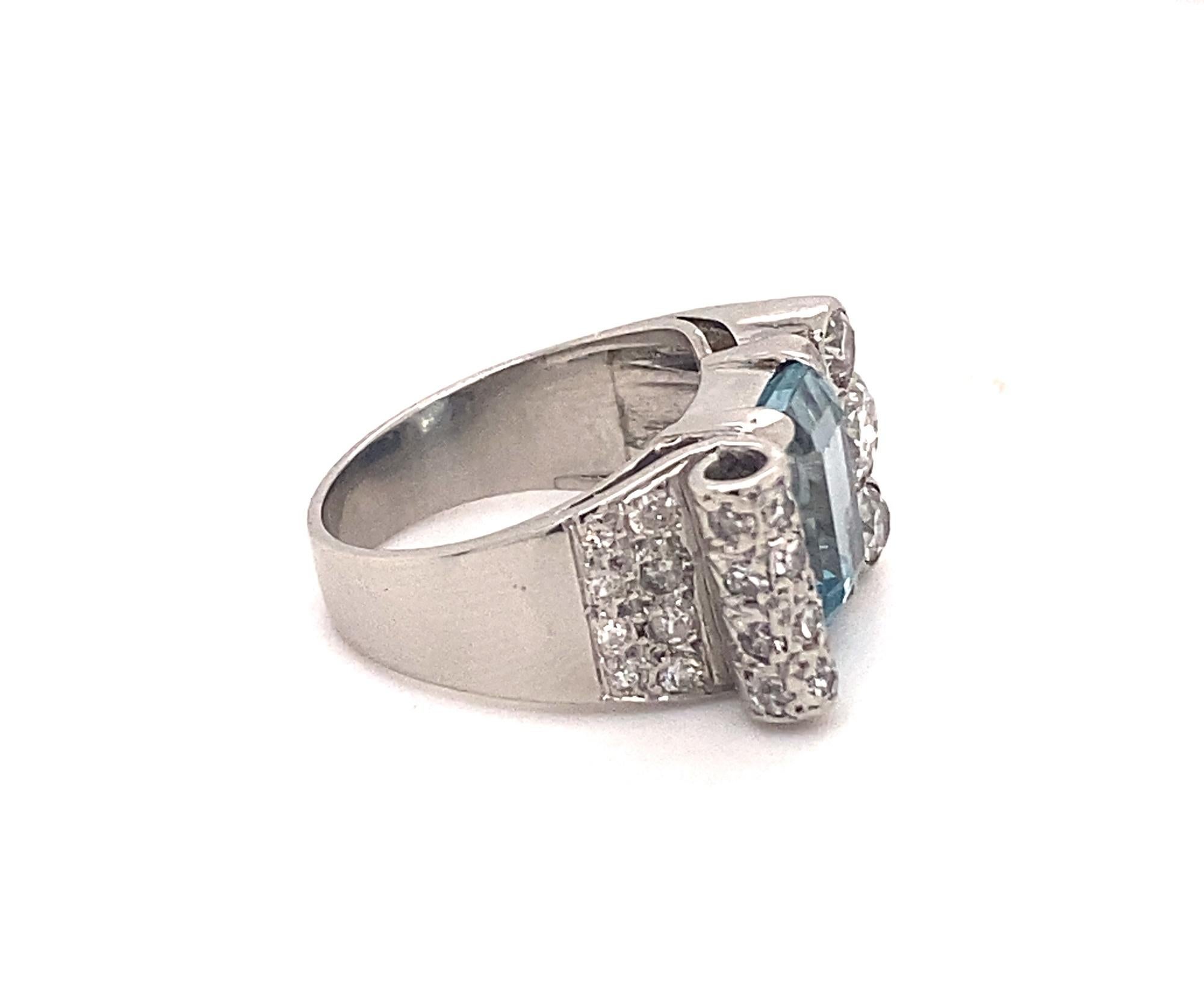 Emerald Cut Antique Art Deco Platinum Diamonds 2.5C Aquamarine Ring For Sale