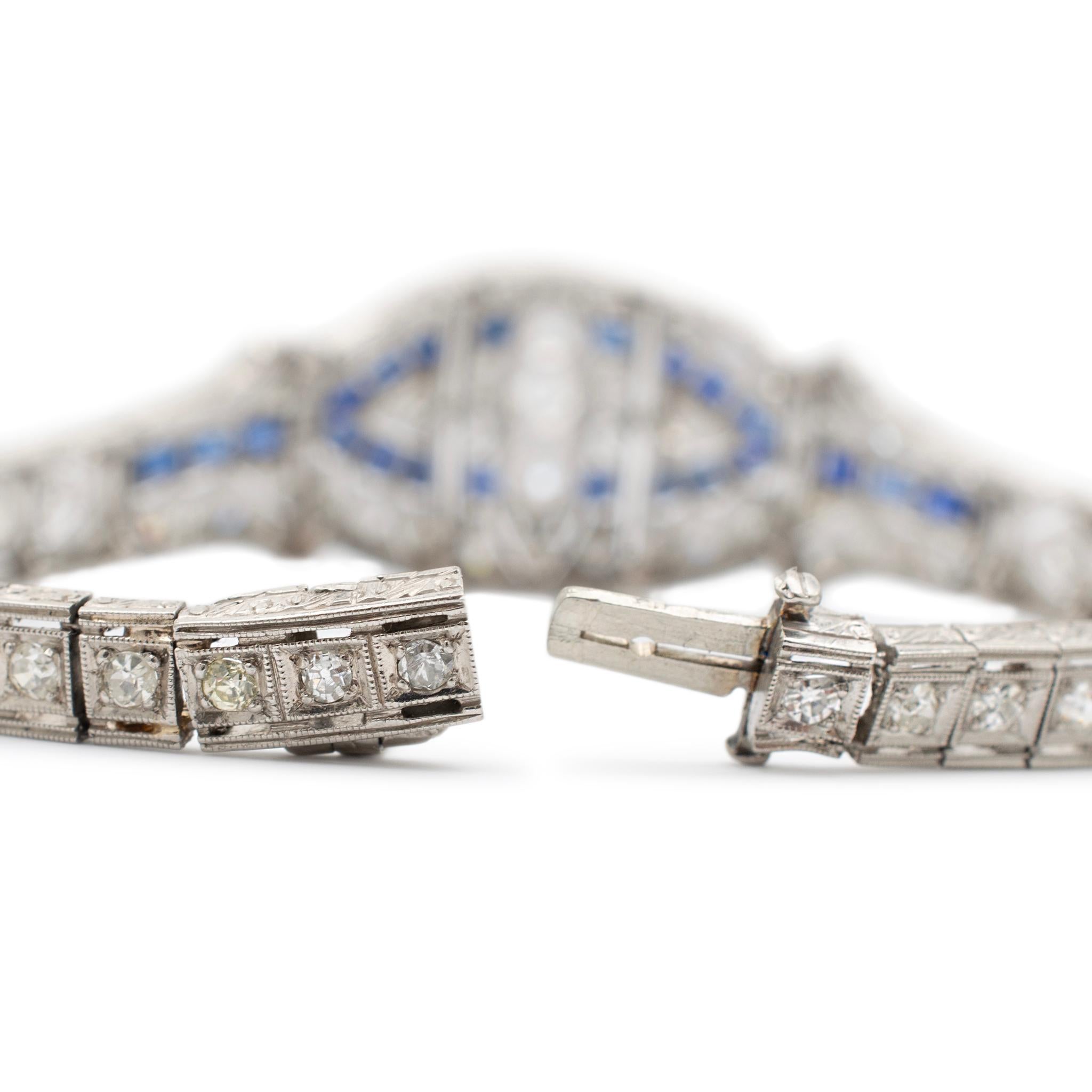 Antique Art Deco Platinum Diamonds Sapphires Cocktail Link Bracelet For Sale 5