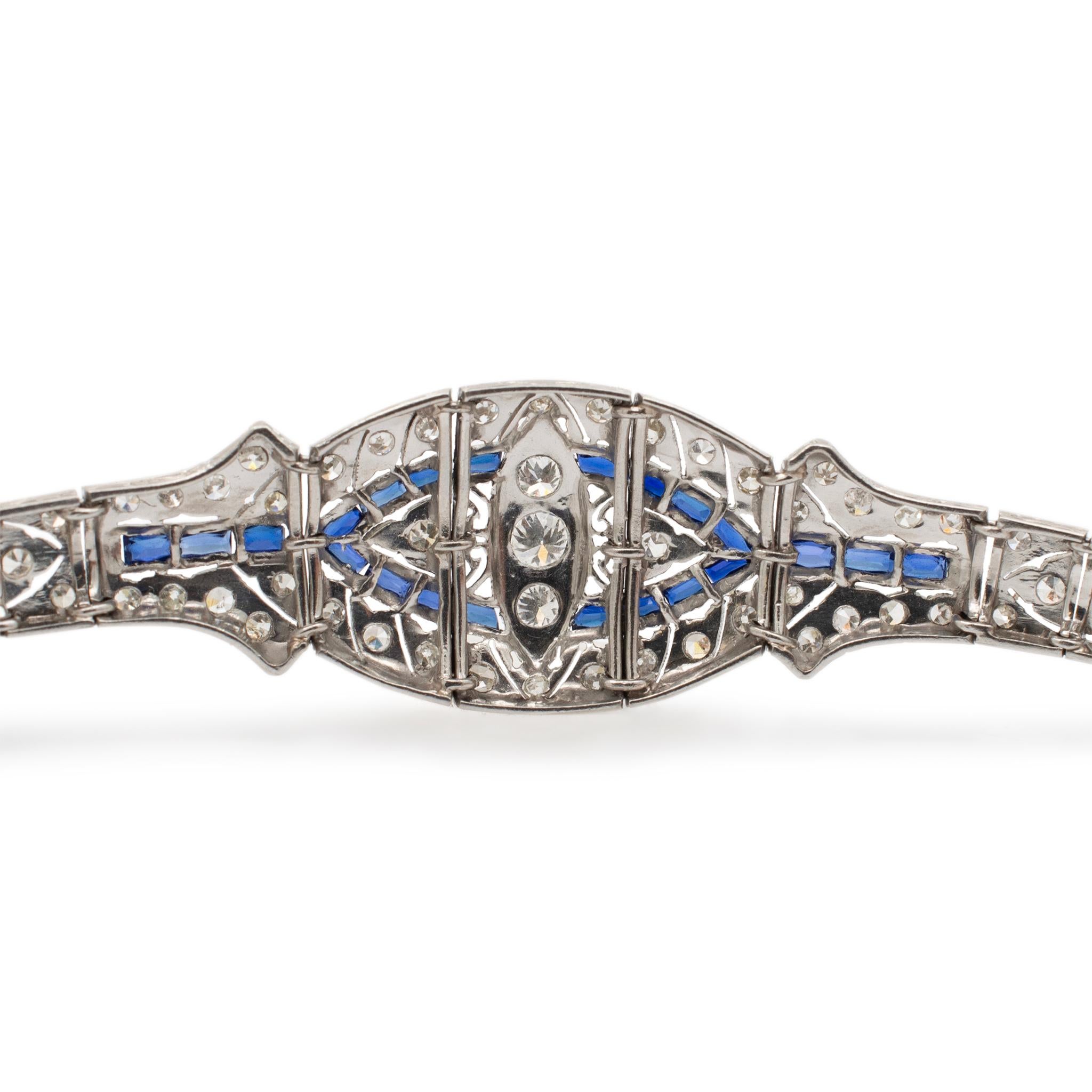 Old European Cut Antique Art Deco Platinum Diamonds Sapphires Cocktail Link Bracelet For Sale