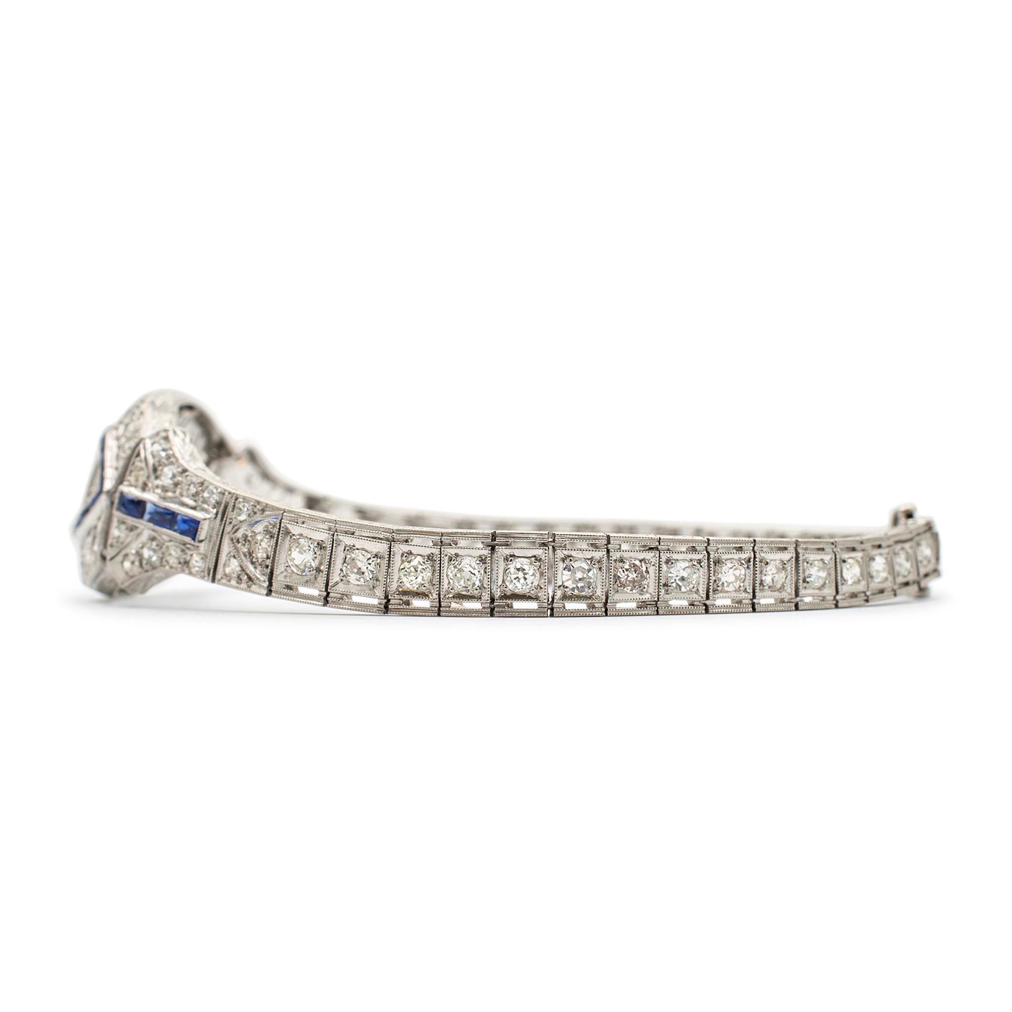 Antique Art Deco Platinum Diamonds Sapphires Cocktail Link Bracelet In Excellent Condition For Sale In Houston, TX