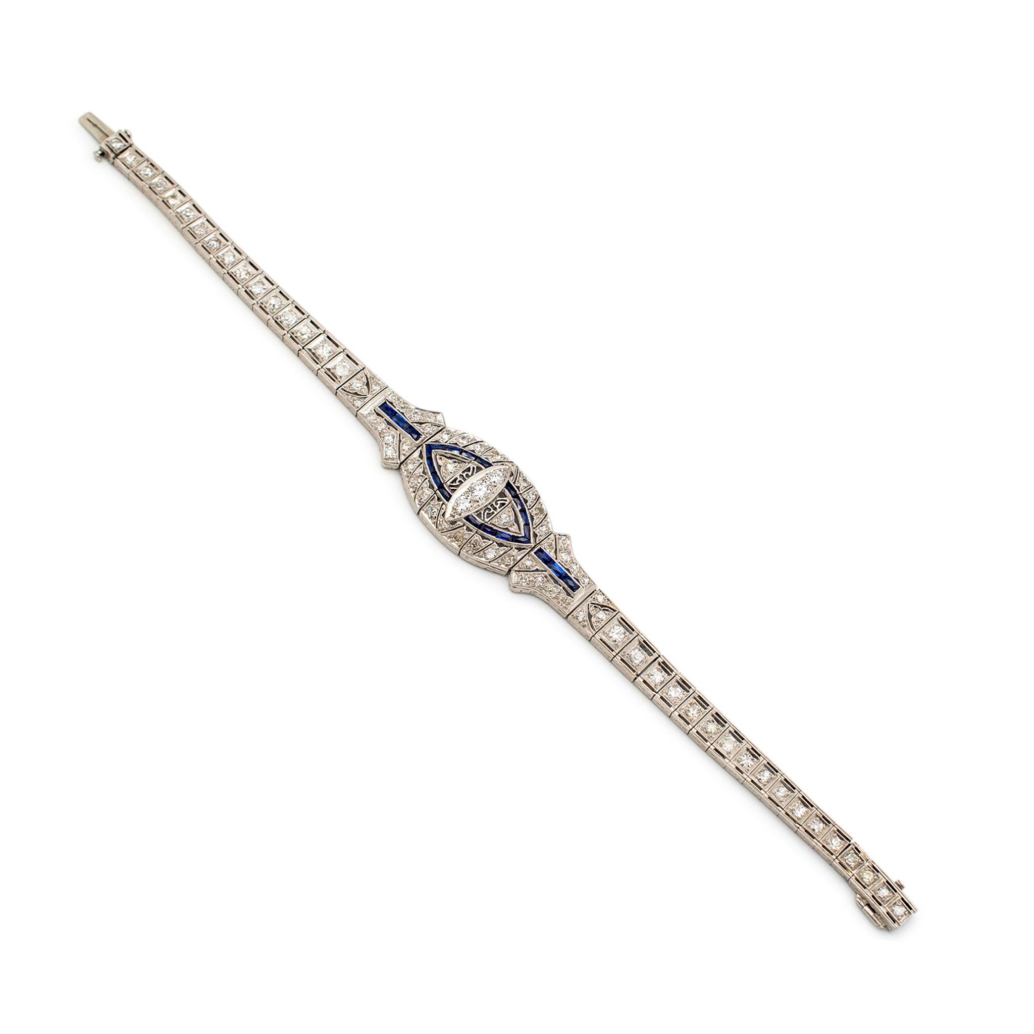 Antique Art Deco Platinum Diamonds Sapphires Cocktail Link Bracelet For Sale 1