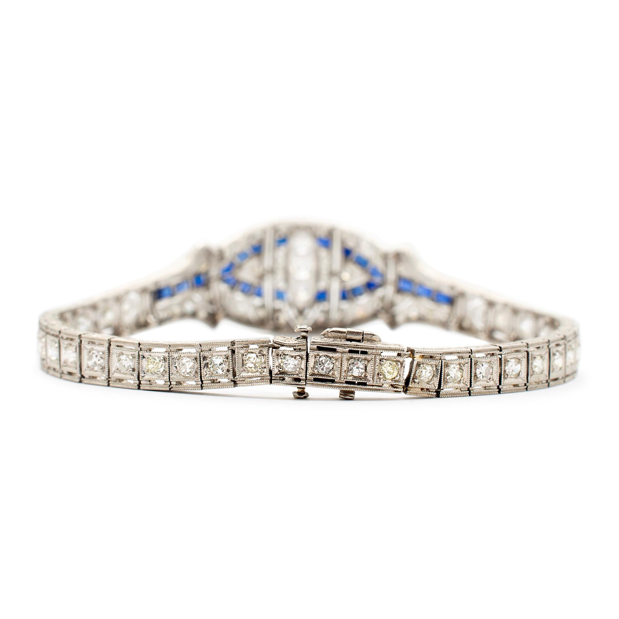Antique Art Deco Platinum Diamonds Sapphires Cocktail Link Bracelet For Sale 2