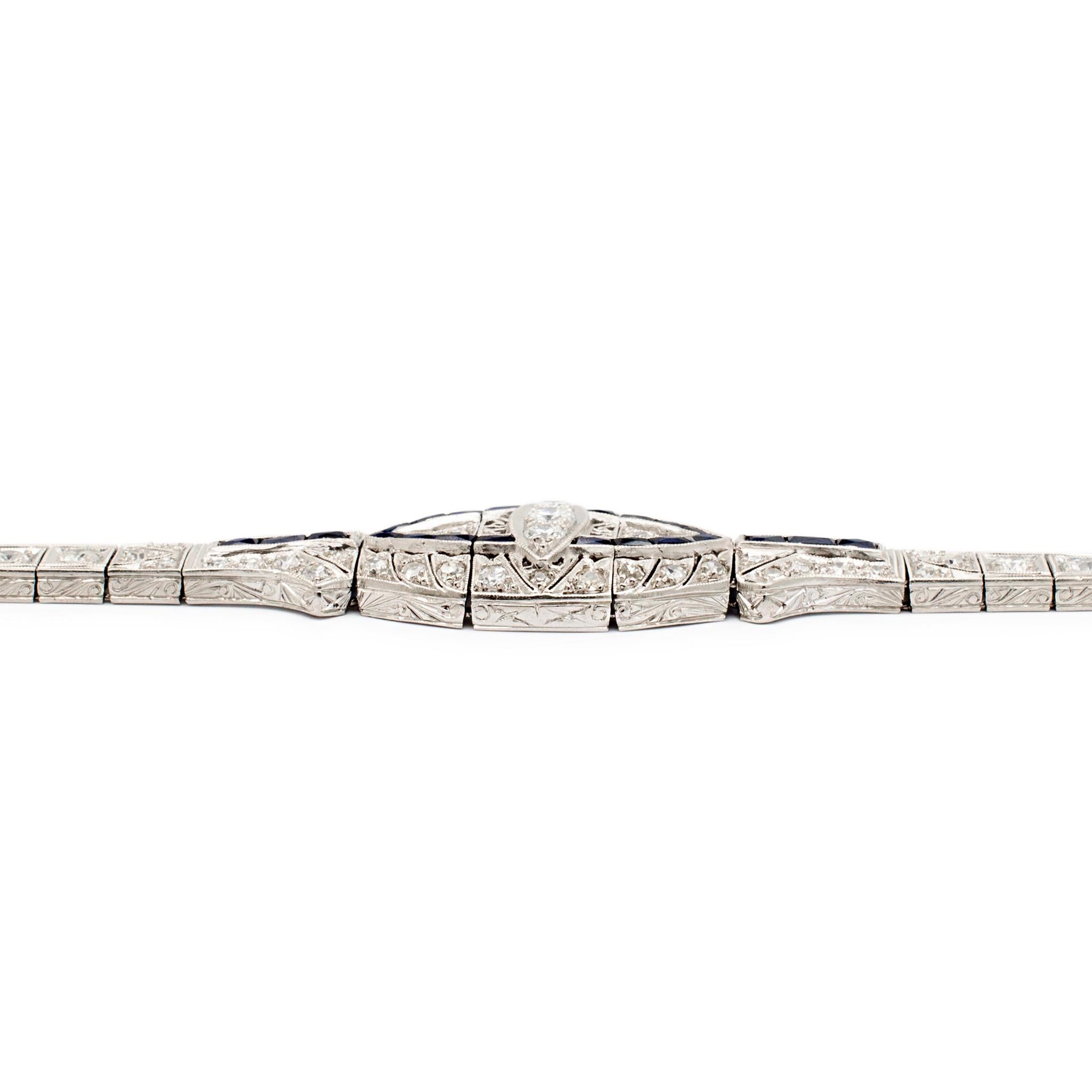 Antique Art Deco Platinum Diamonds Sapphires Cocktail Link Bracelet For Sale 4