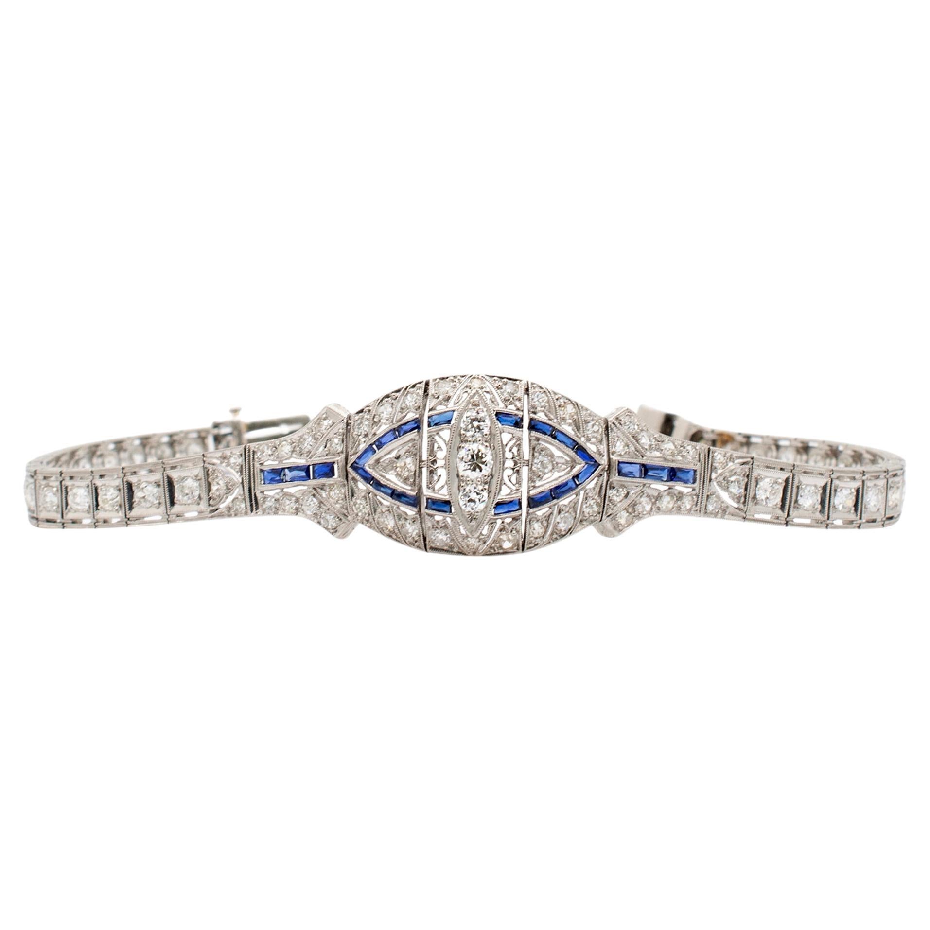 Antique Art Deco Platinum Diamonds Sapphires Cocktail Link Bracelet For Sale