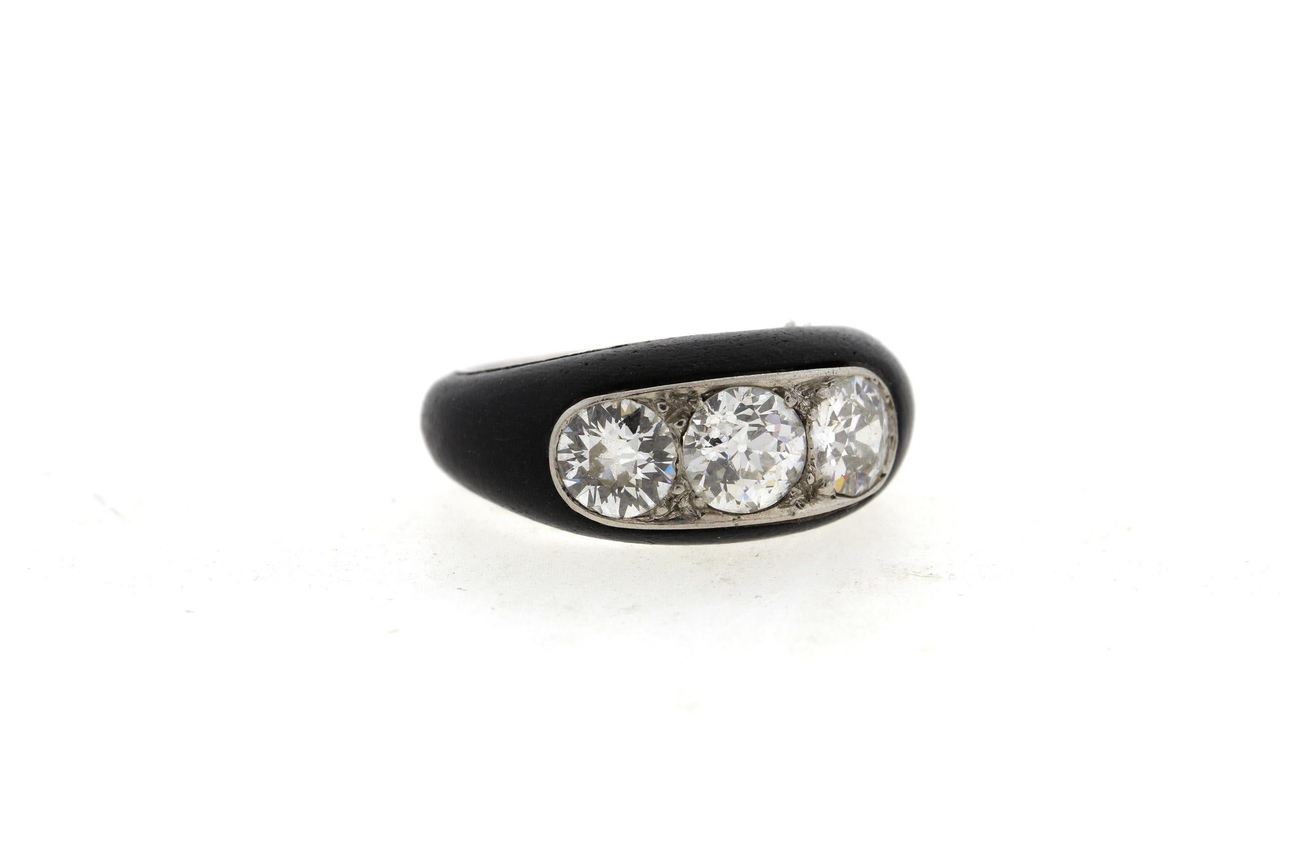 Old European Cut Antique Art Deco Platinum Ebony Three-Stone Diamond Ring