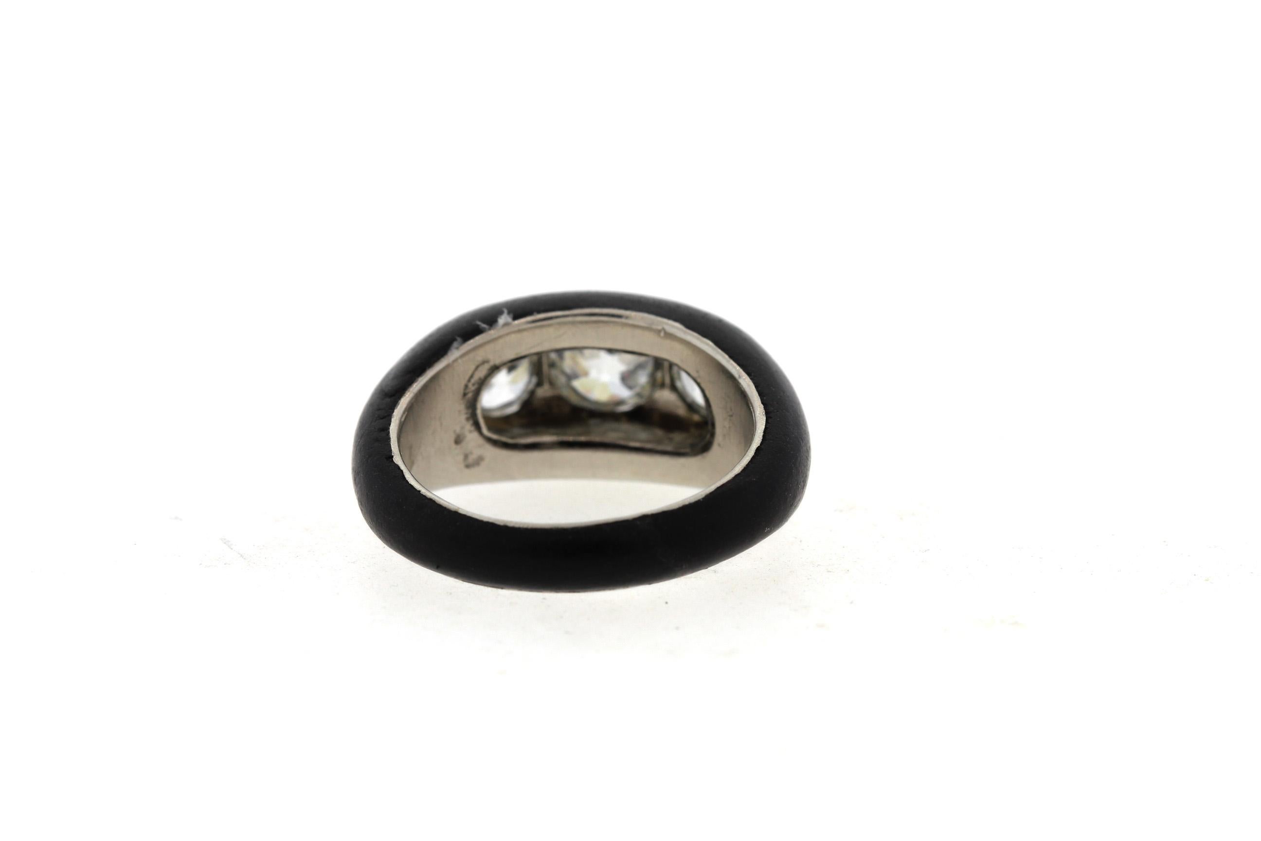 Women's or Men's Antique Art Deco Platinum Ebony Three-Stone Diamond Ring