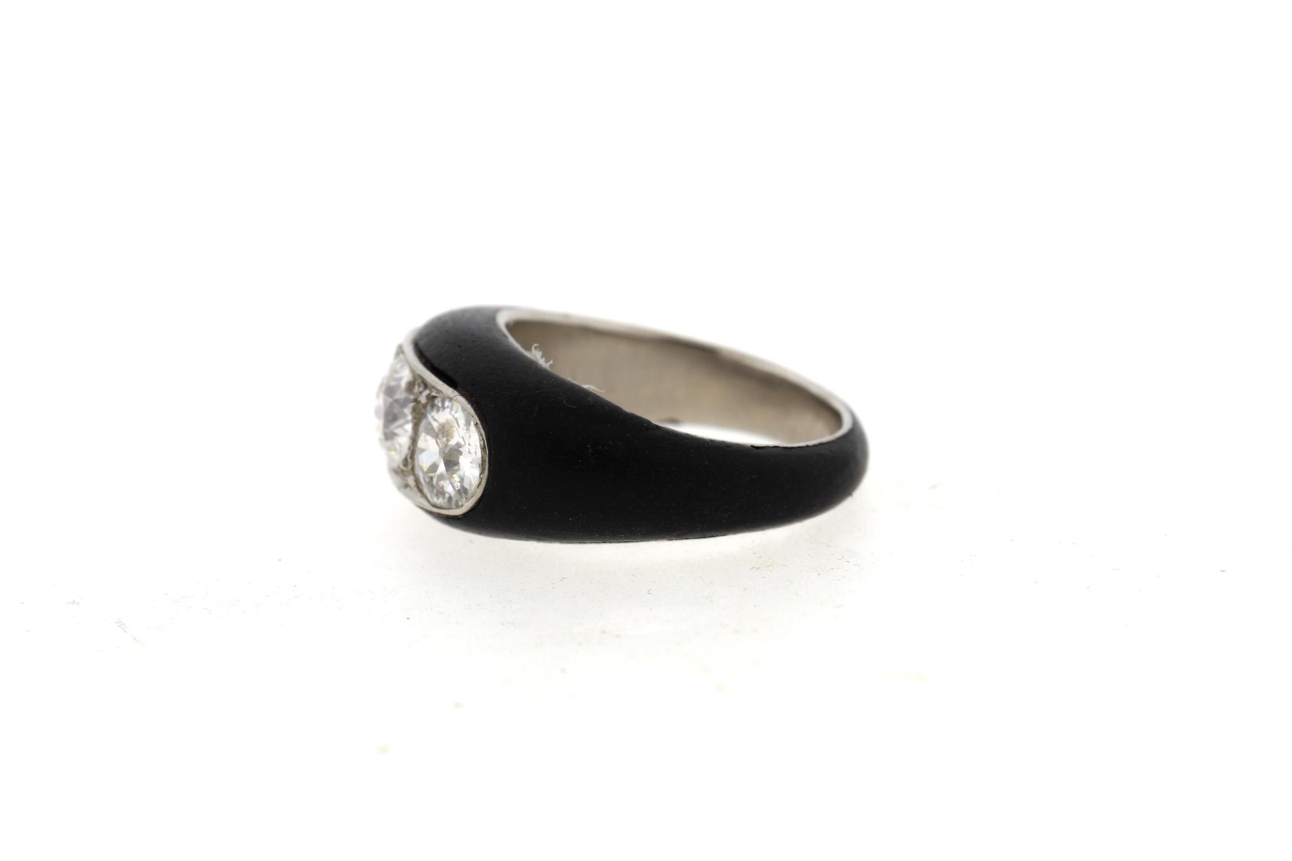 Antique Art Deco Platinum Ebony Three-Stone Diamond Ring 1