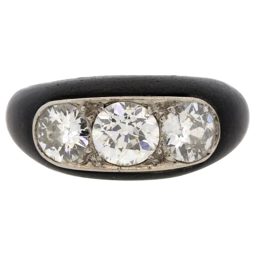 Antique Art Deco Platinum Ebony Three-Stone Diamond Ring