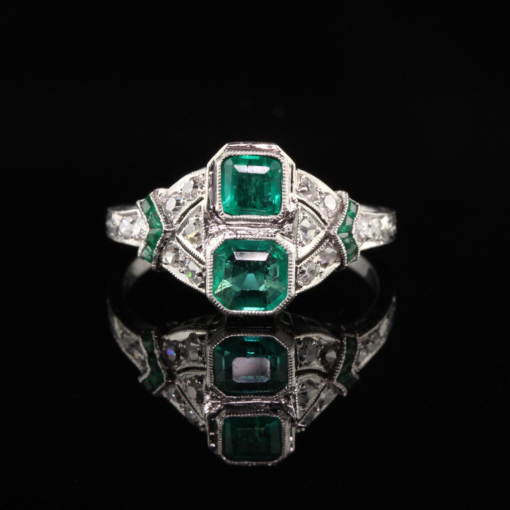 Emerald Cut Antique Art Deco Platinum Emerald and Diamond Filigree Ring