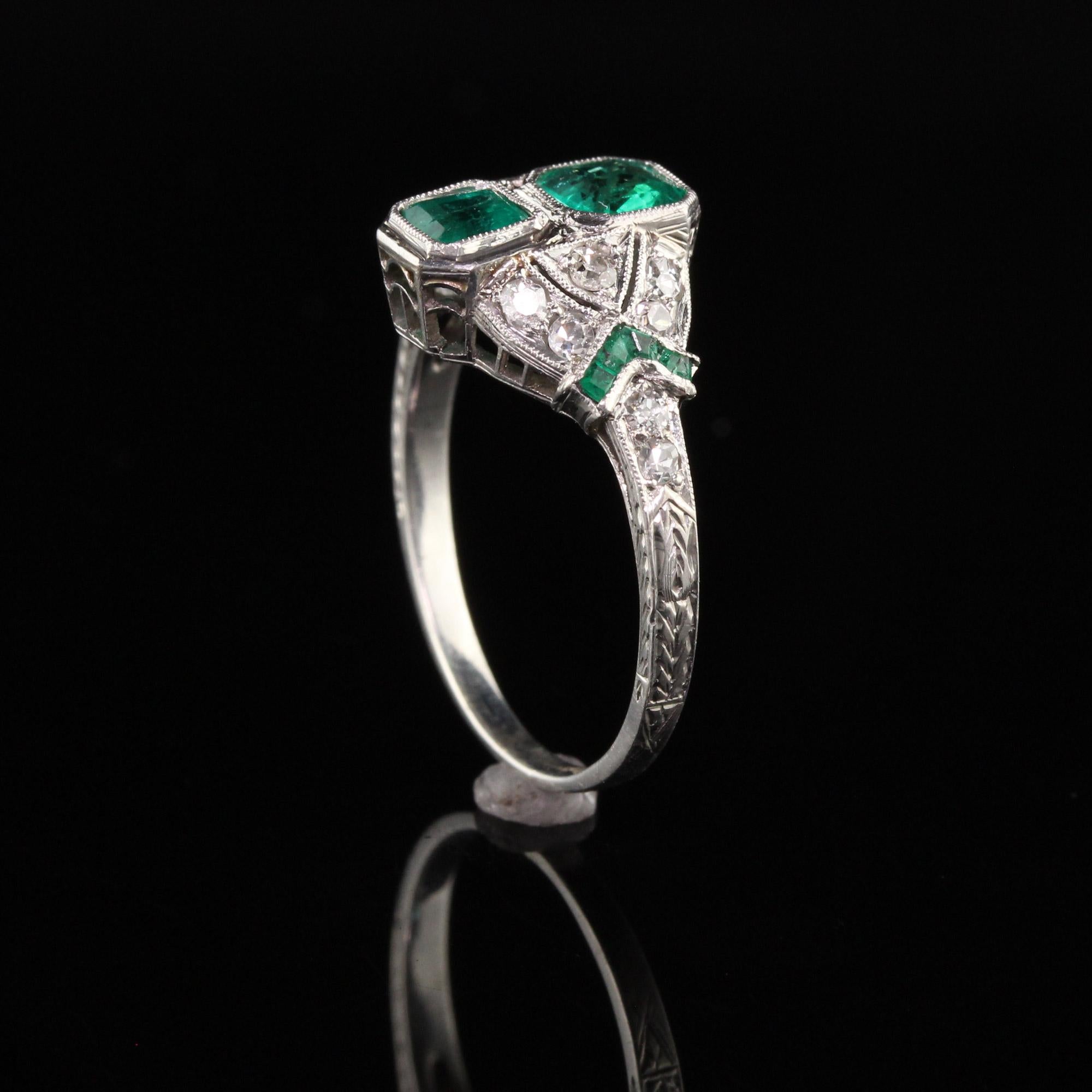 Women's Antique Art Deco Platinum Emerald and Diamond Filigree Ring