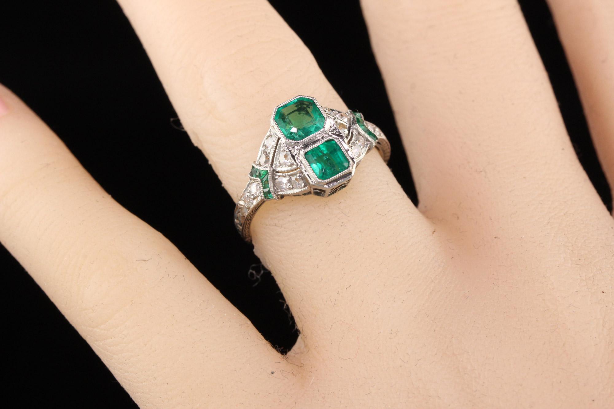 Antique Art Deco Platinum Emerald and Diamond Filigree Ring 1
