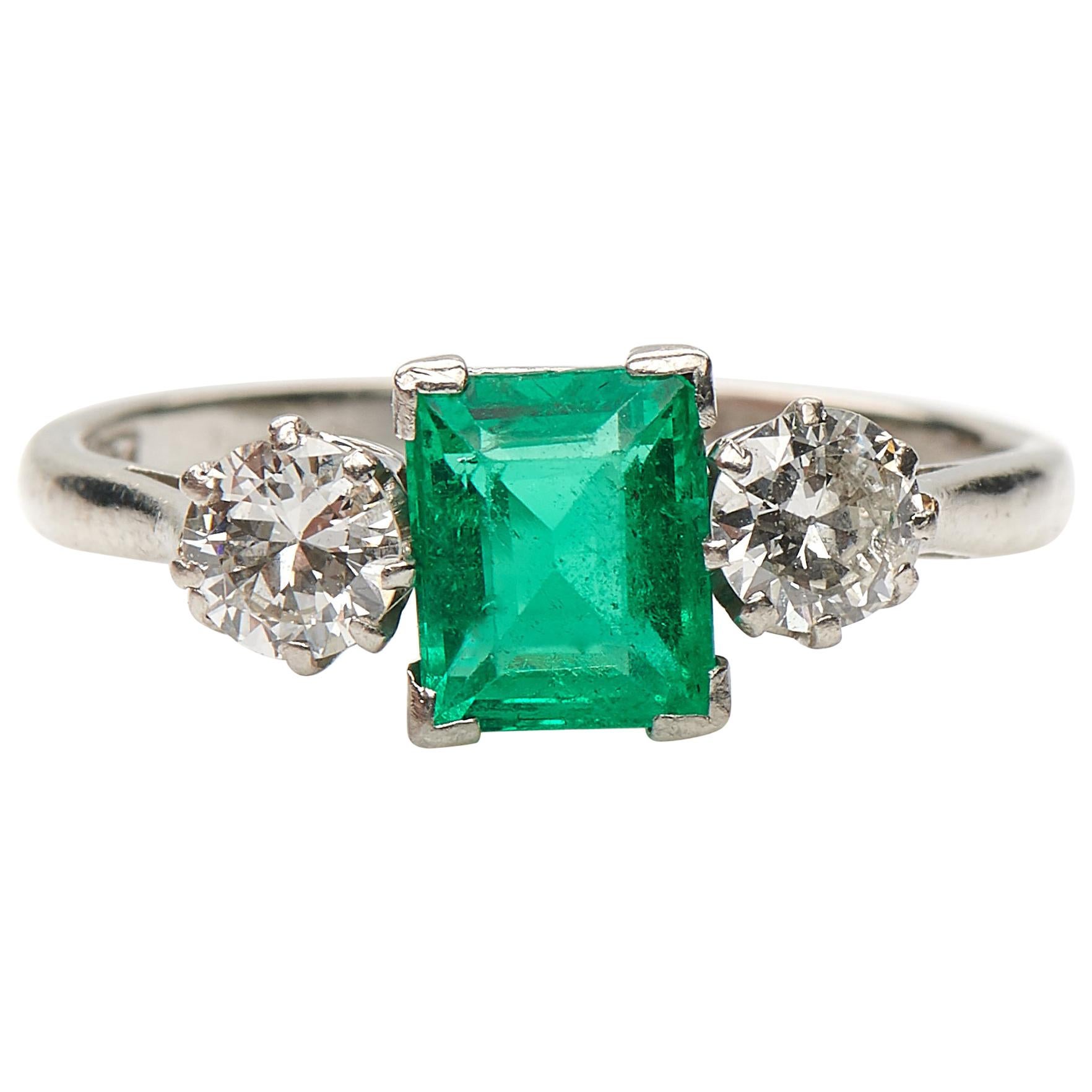 Antique, Art Deco, Platinum, Emerald and Diamond Three-Stone Engagement Ring