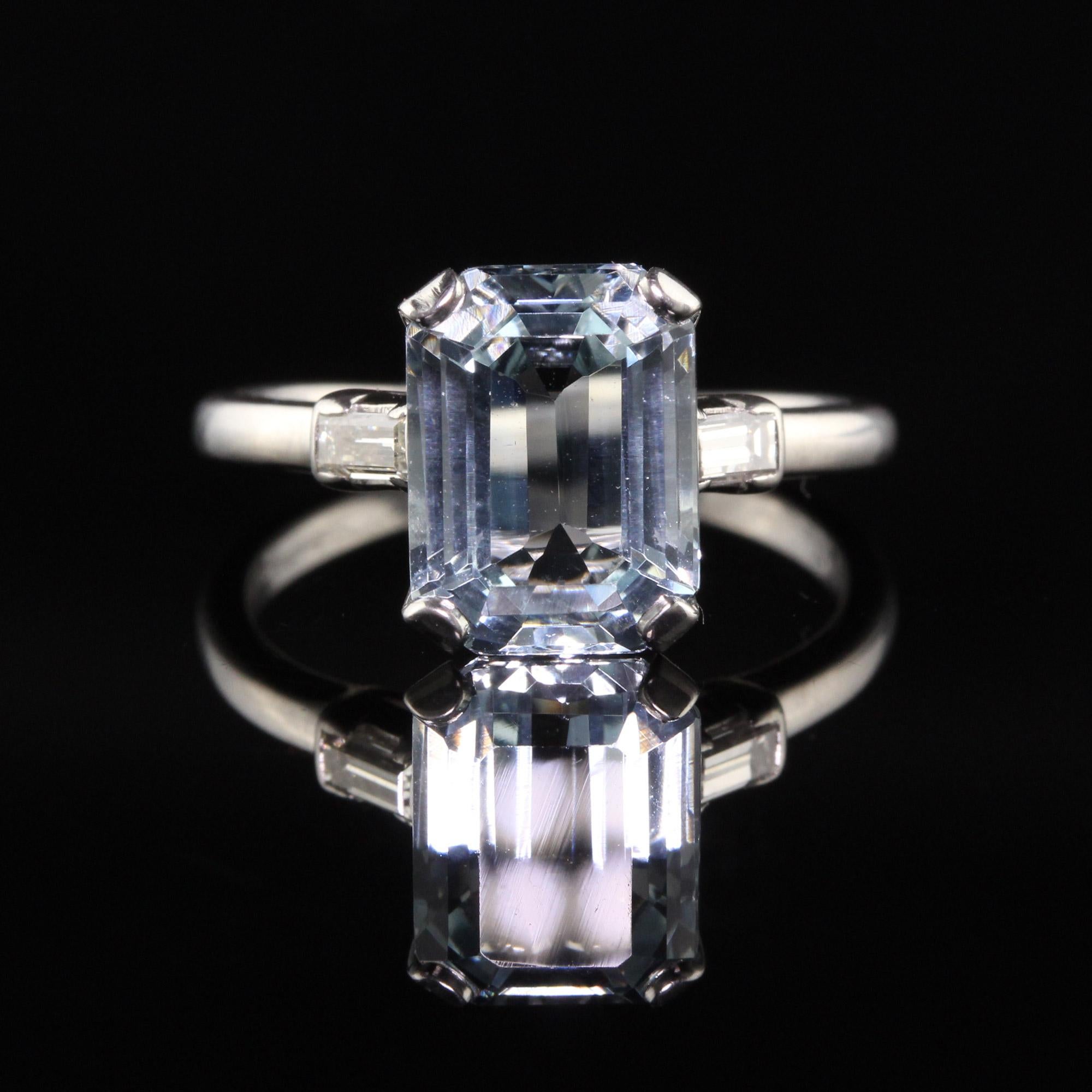 Antique Art Deco Platinum Emerald Cut Aquamarine Engagement Ring In Good Condition In Great Neck, NY