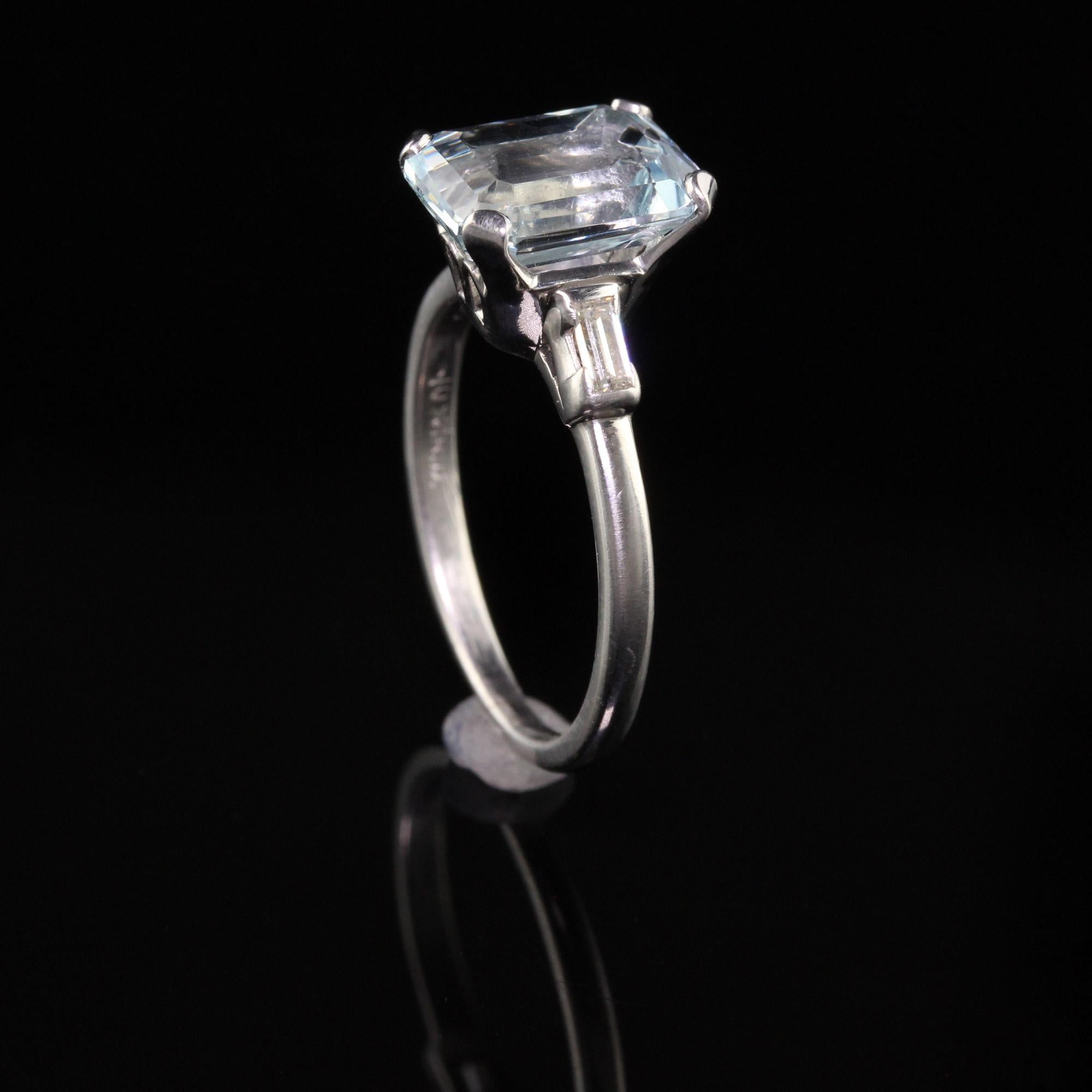 Antique Art Deco Platinum Emerald Cut Aquamarine Engagement Ring 1
