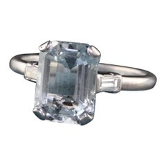 Antique Art Deco Platinum Emerald Cut Aquamarine Engagement Ring