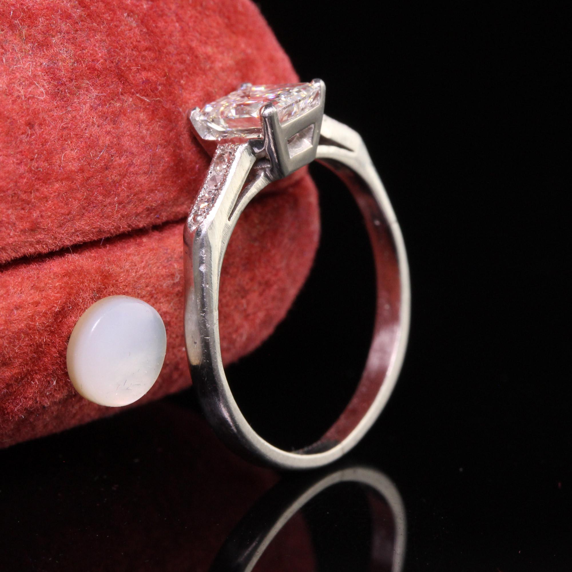 Women's Antique Art Deco Platinum Emerald Cut Diamond Classic Engagement Ring, GIA For Sale