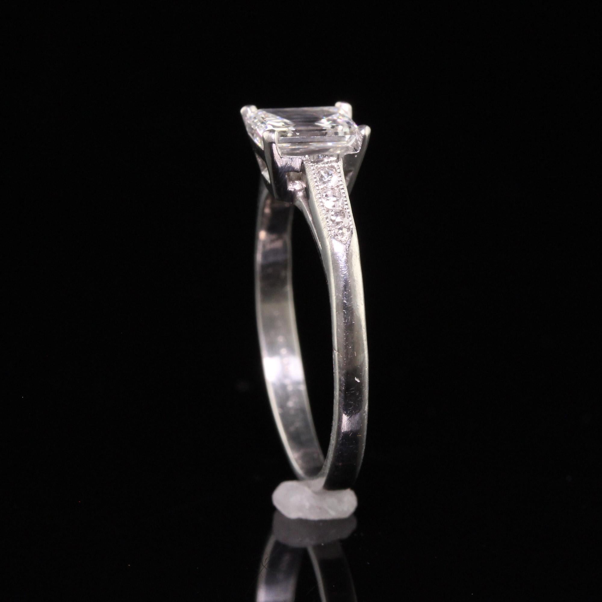 Antique Art Deco Platinum Emerald Cut Diamond Classic Engagement Ring, GIA For Sale 2