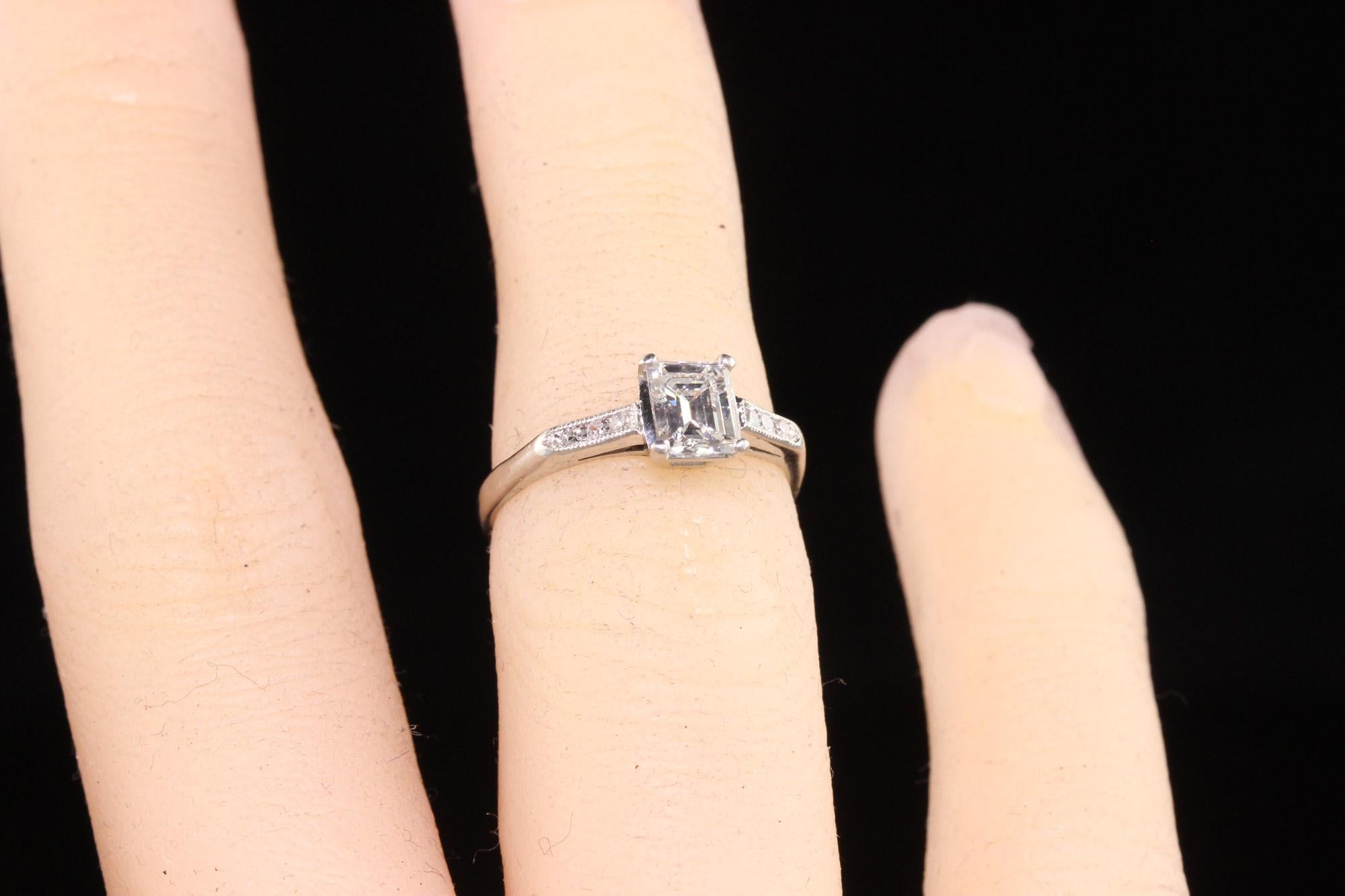 Antique Art Deco Platinum Emerald Cut Diamond Classic Engagement Ring, GIA For Sale 3