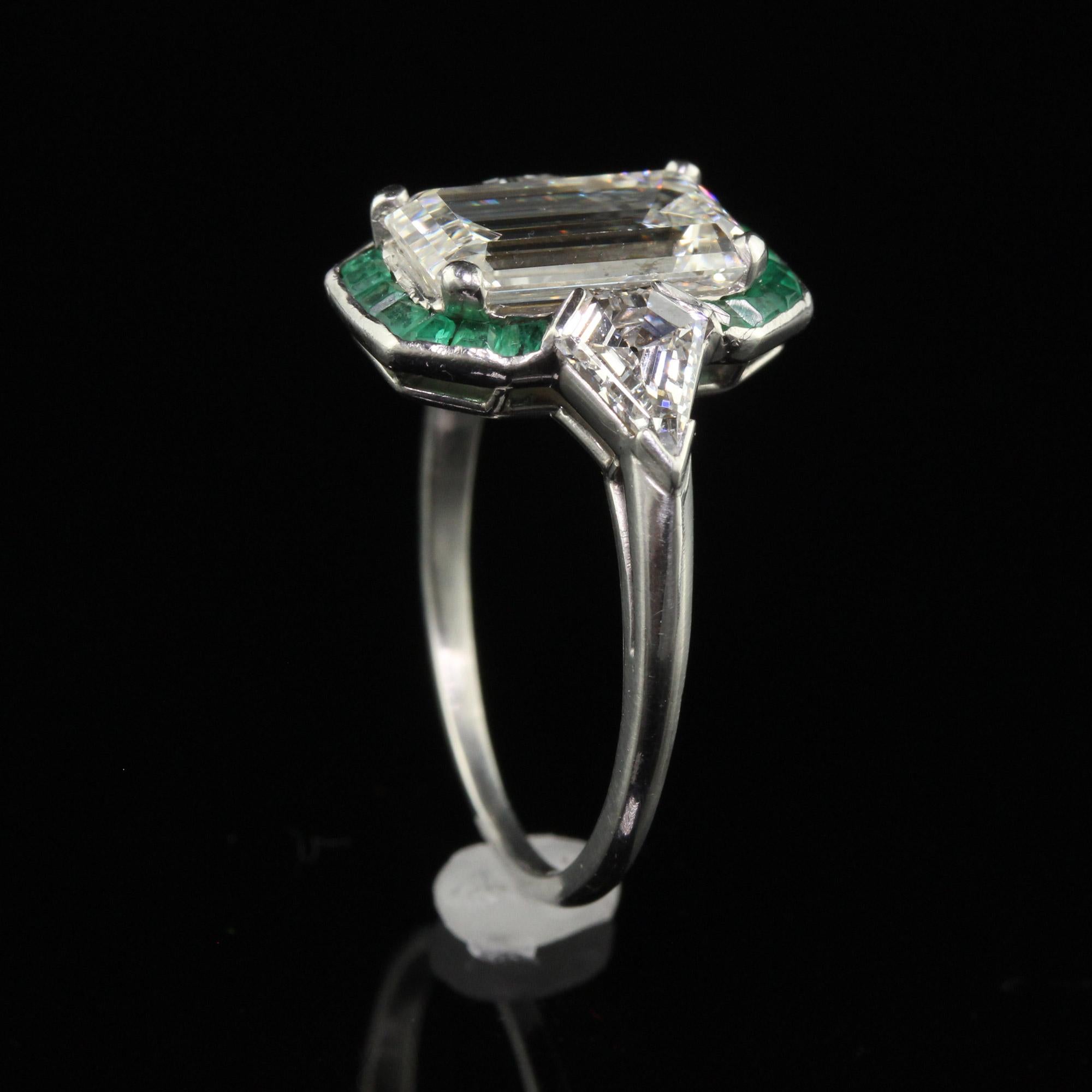Antique Art Deco Platinum Emerald Cut Diamond Emerald Halo Engagement Ring - GIA For Sale 5