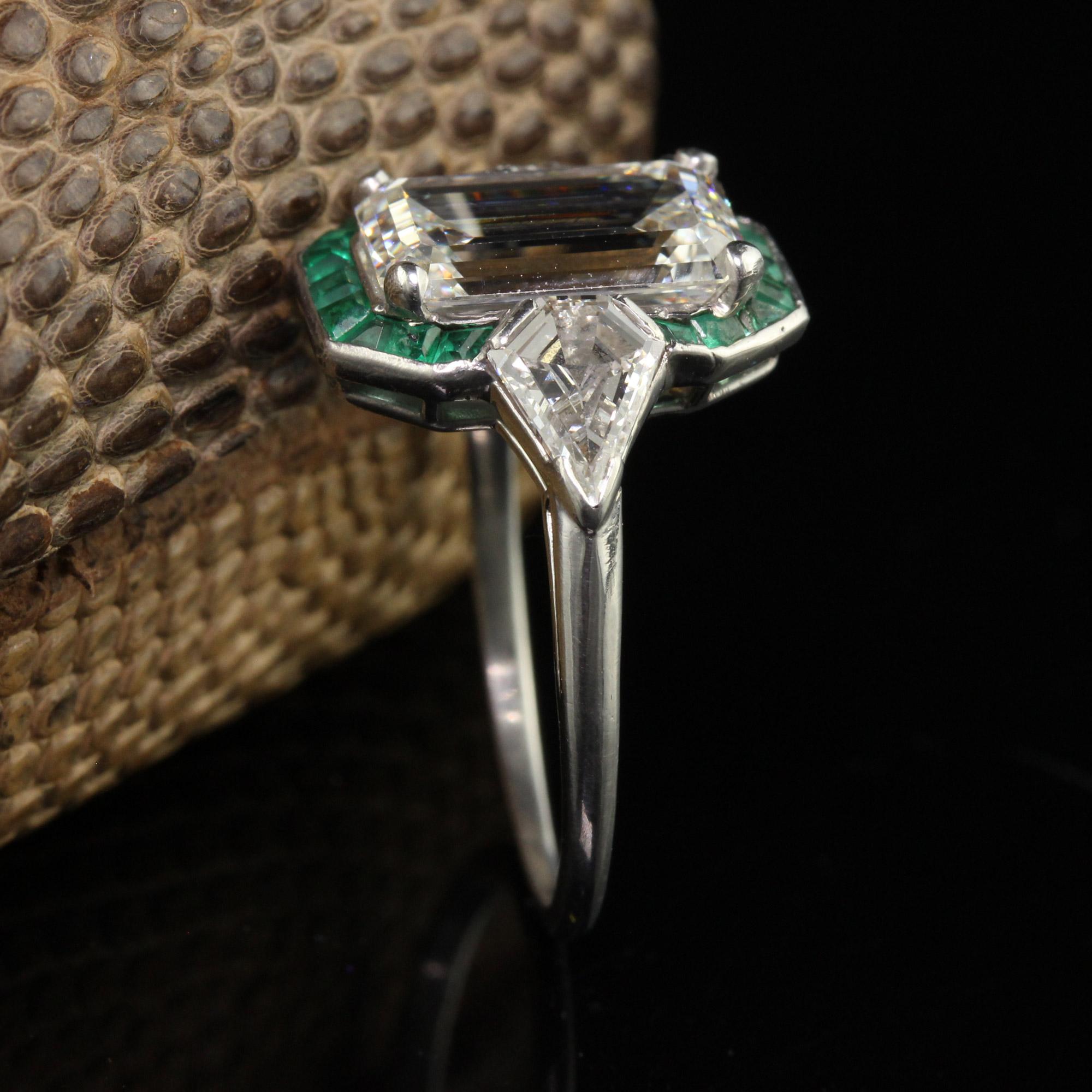 Antique Art Deco Platinum Emerald Cut Diamond Emerald Halo Engagement Ring - GIA In Good Condition For Sale In Great Neck, NY