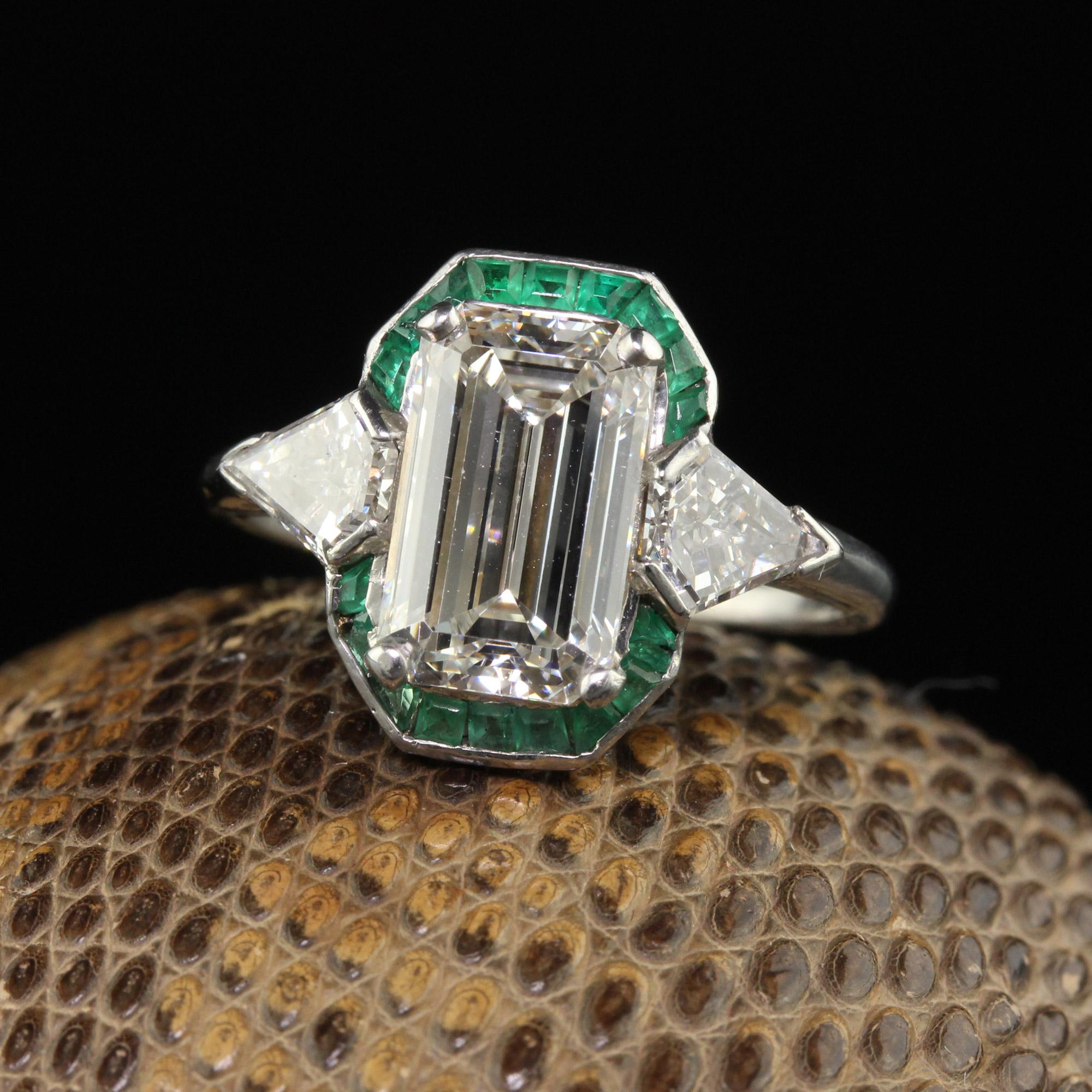 Women's Antique Art Deco Platinum Emerald Cut Diamond Emerald Halo Engagement Ring - GIA For Sale