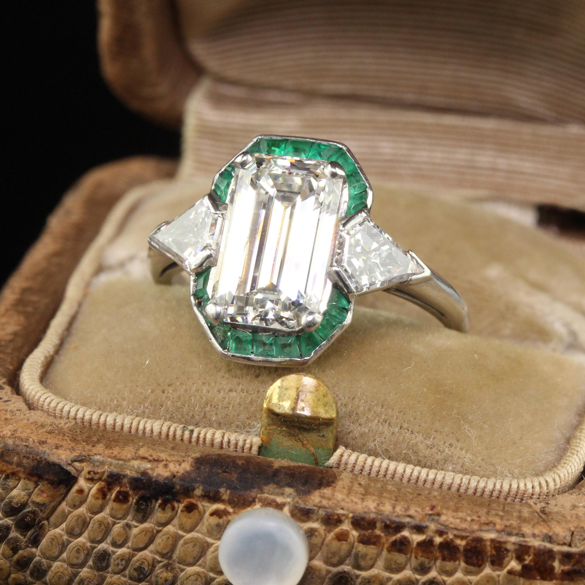 Antique Art Deco Platinum Emerald Cut Diamond Emerald Halo Engagement Ring - GIA For Sale 1