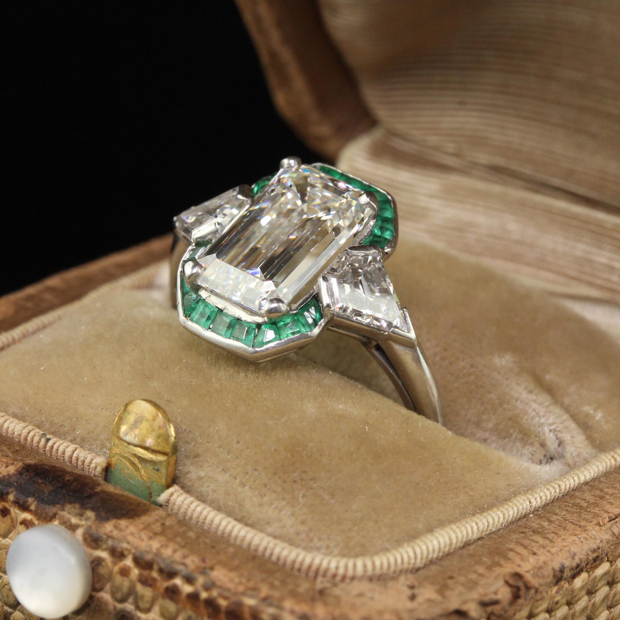 Antique Art Deco Platinum Emerald Cut Diamond Emerald Halo Engagement Ring - GIA For Sale 2