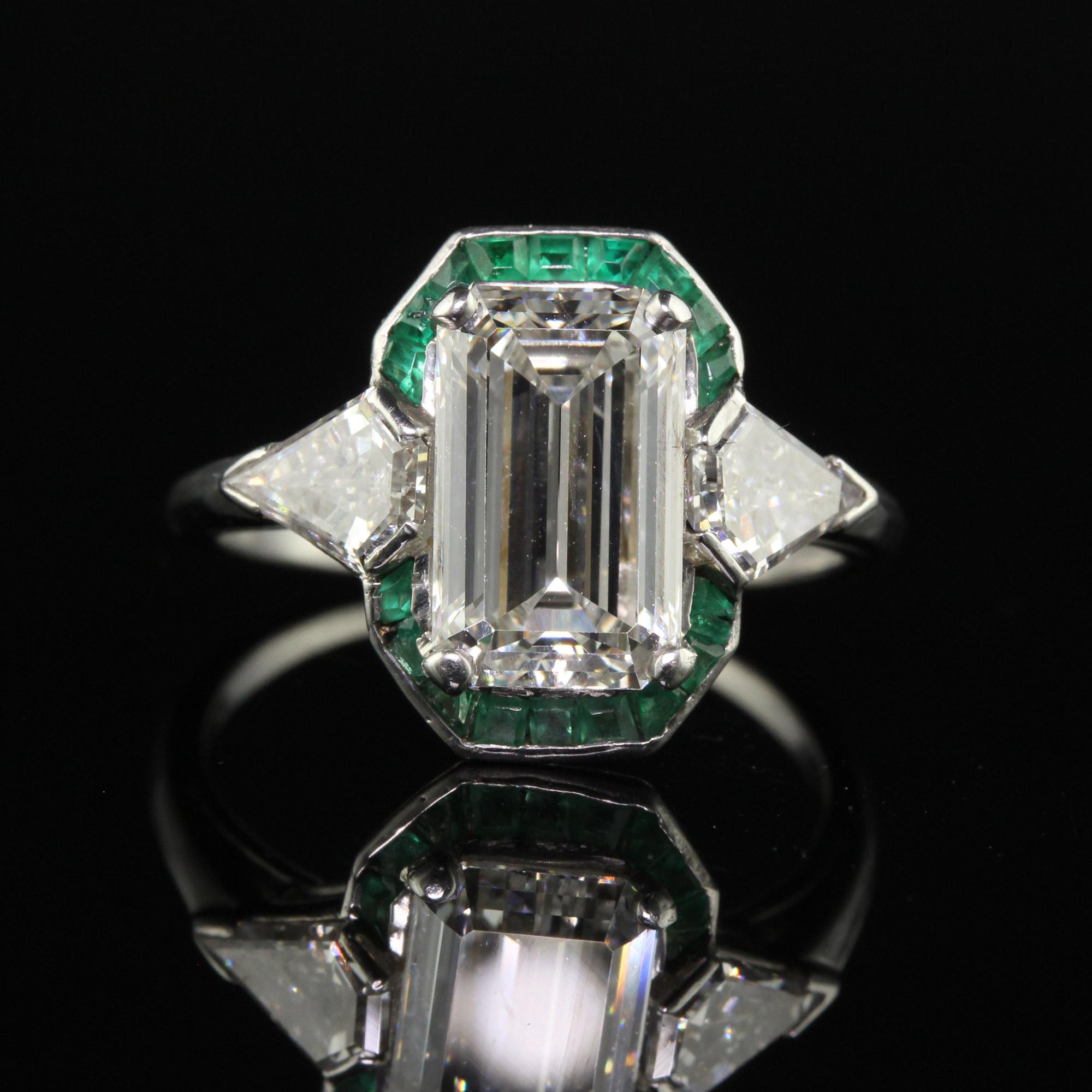Antique Art Deco Platinum Emerald Cut Diamond Emerald Halo Engagement Ring - GIA For Sale 3