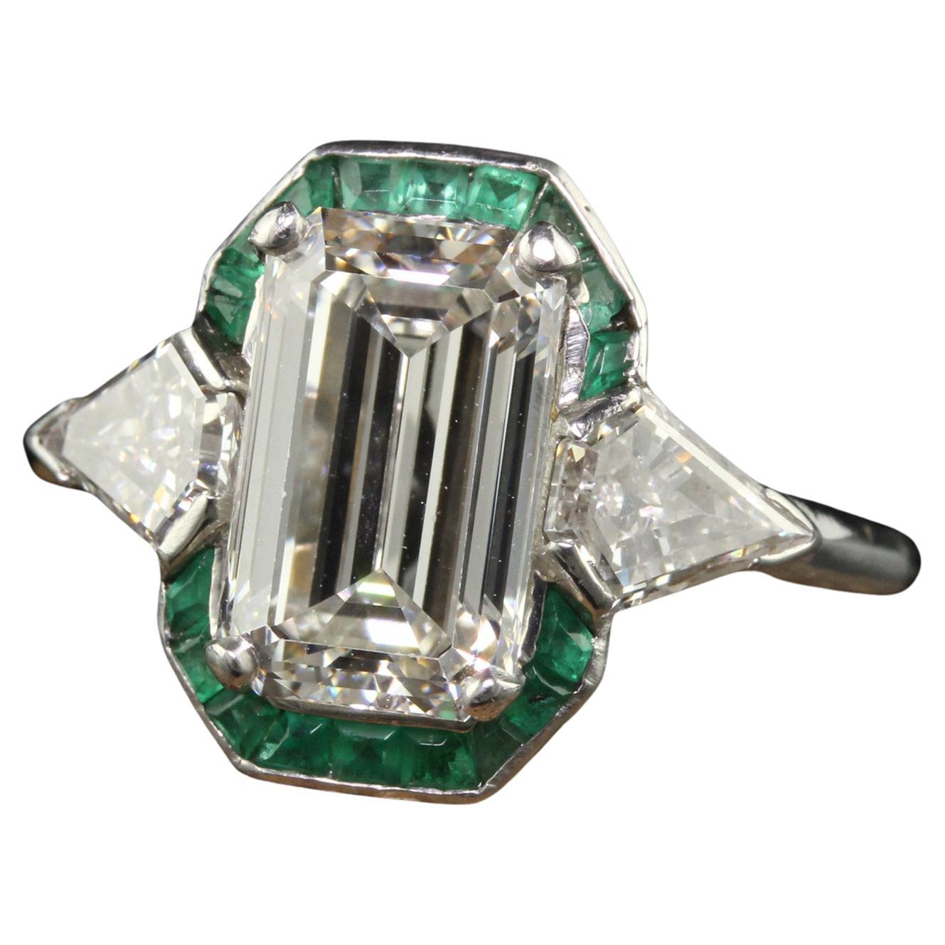 Antique Art Deco Platinum Emerald Cut Diamond Emerald Halo Engagement Ring - GIA For Sale