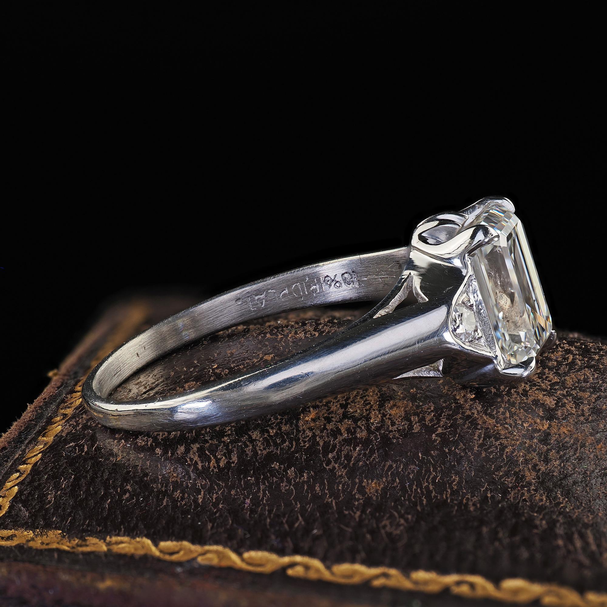 Women's Antique Art Deco Platinum Emerald Cut Diamond Engagement Ring - GIA For Sale