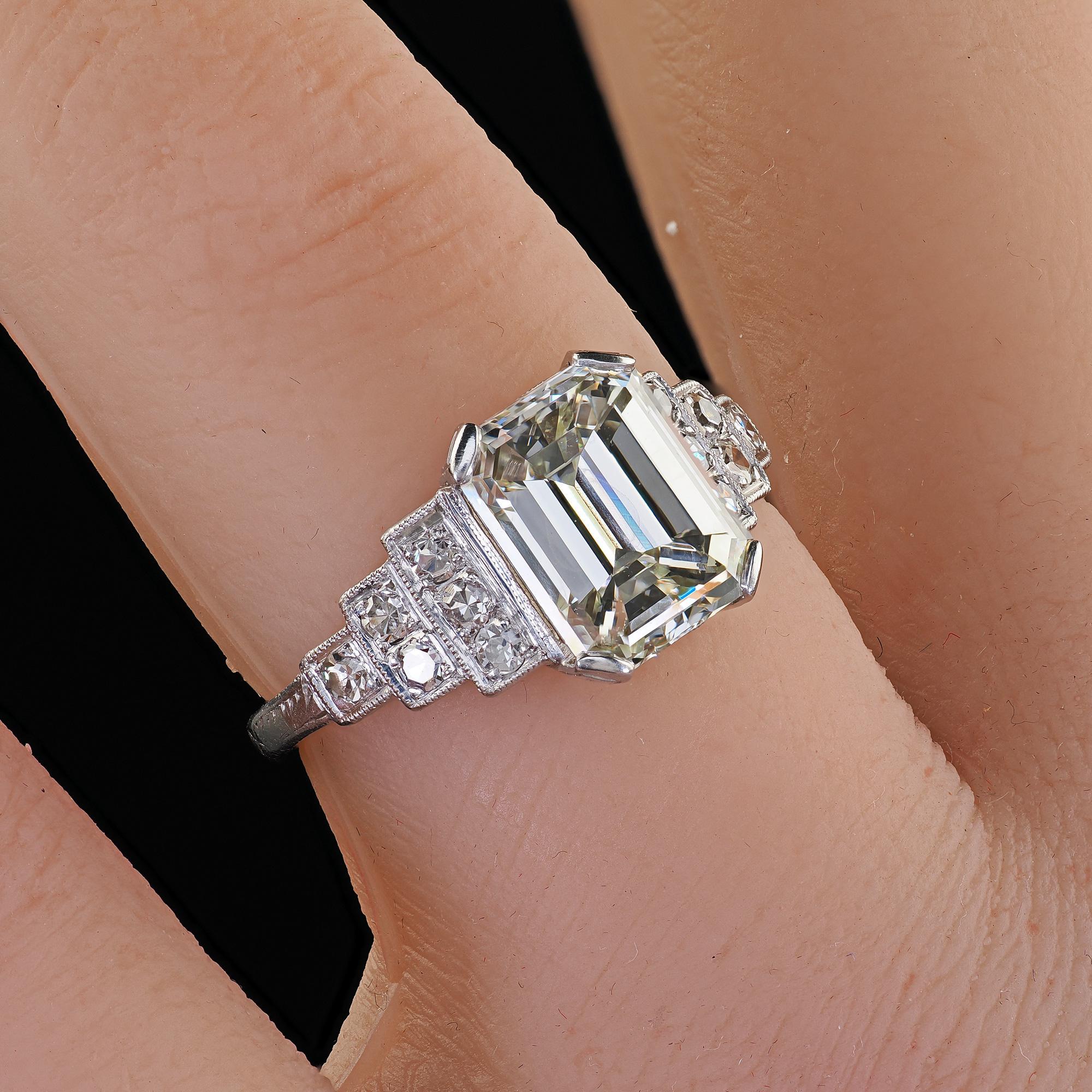 Antique Art Deco Platinum Emerald Cut Diamond Engraved Engagement Ring - GIA For Sale 6