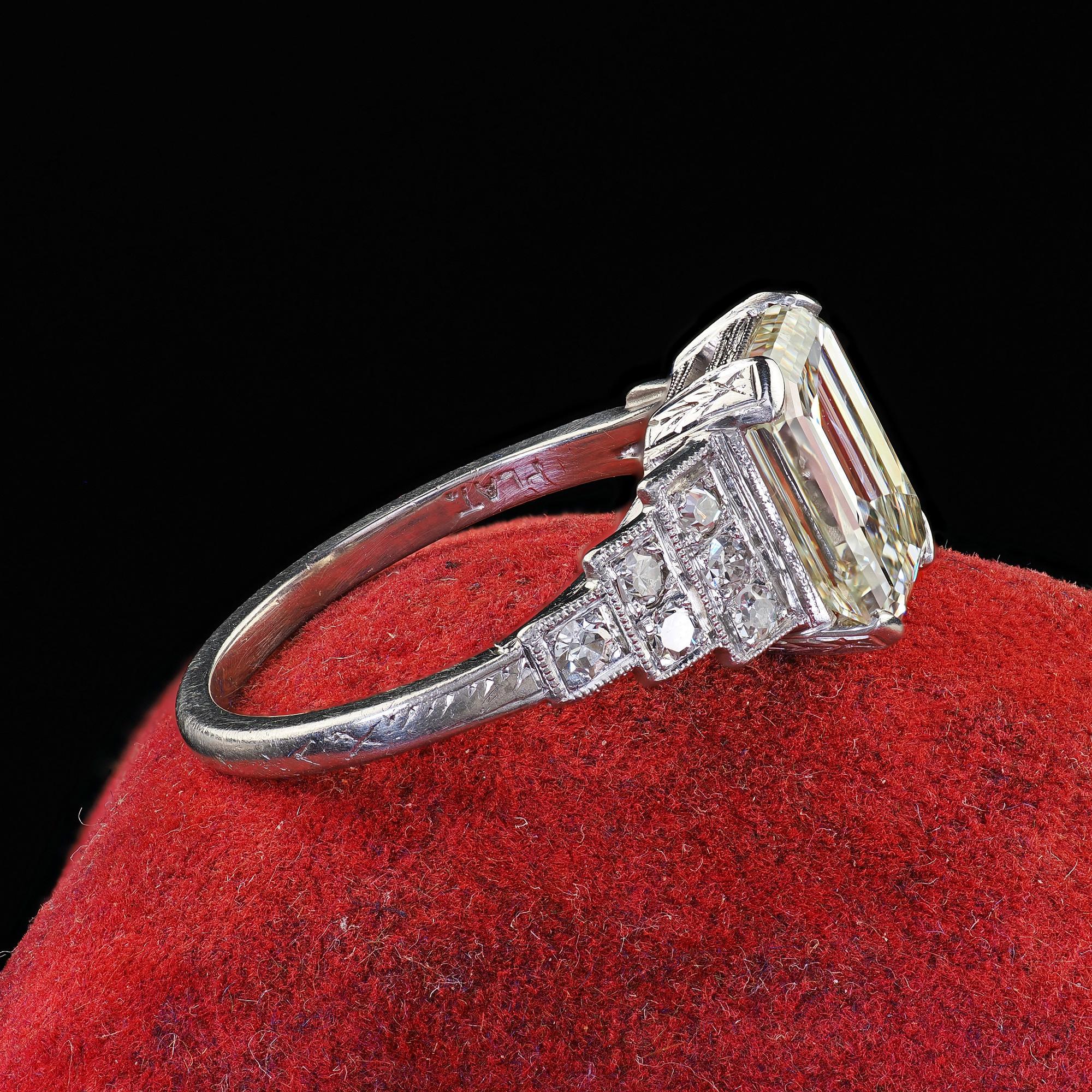 Women's Antique Art Deco Platinum Emerald Cut Diamond Engraved Engagement Ring - GIA For Sale