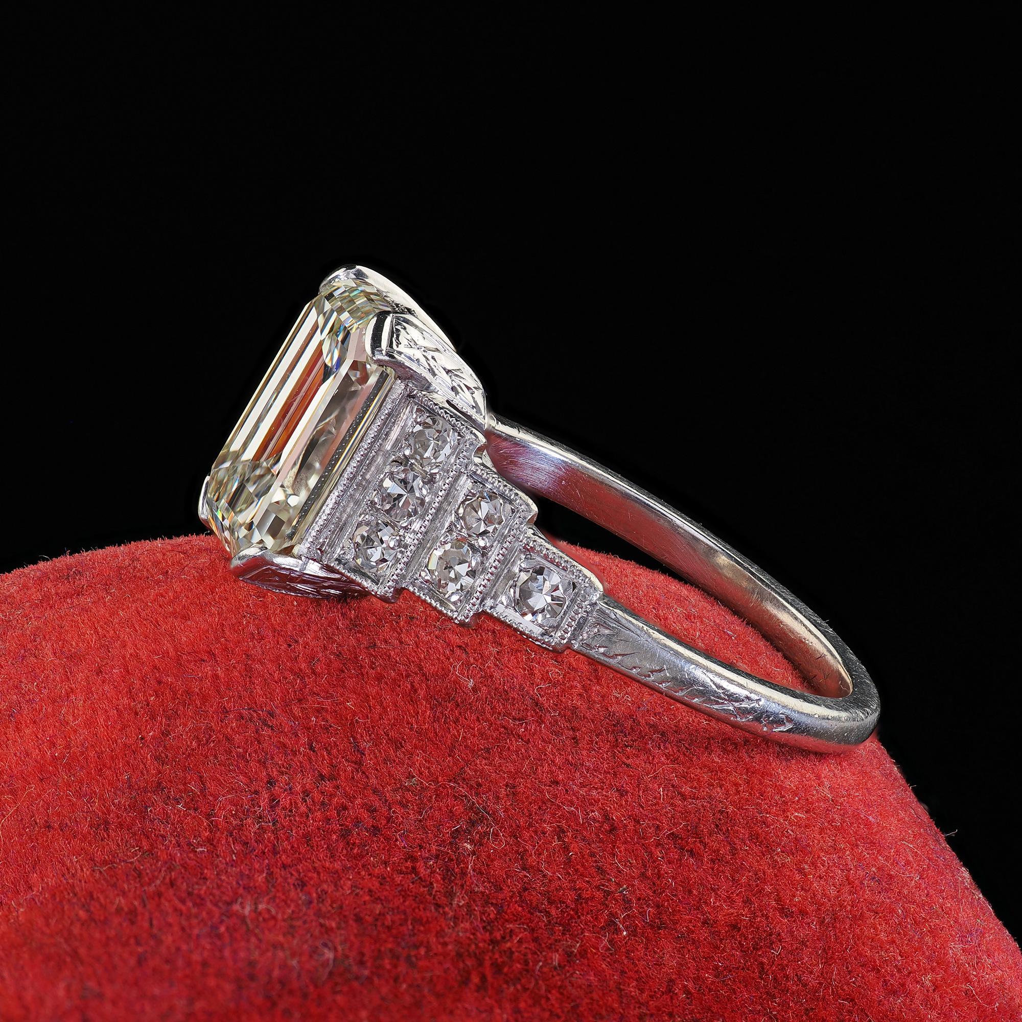 Antique Art Deco Platinum Emerald Cut Diamond Engraved Engagement Ring - GIA For Sale 1