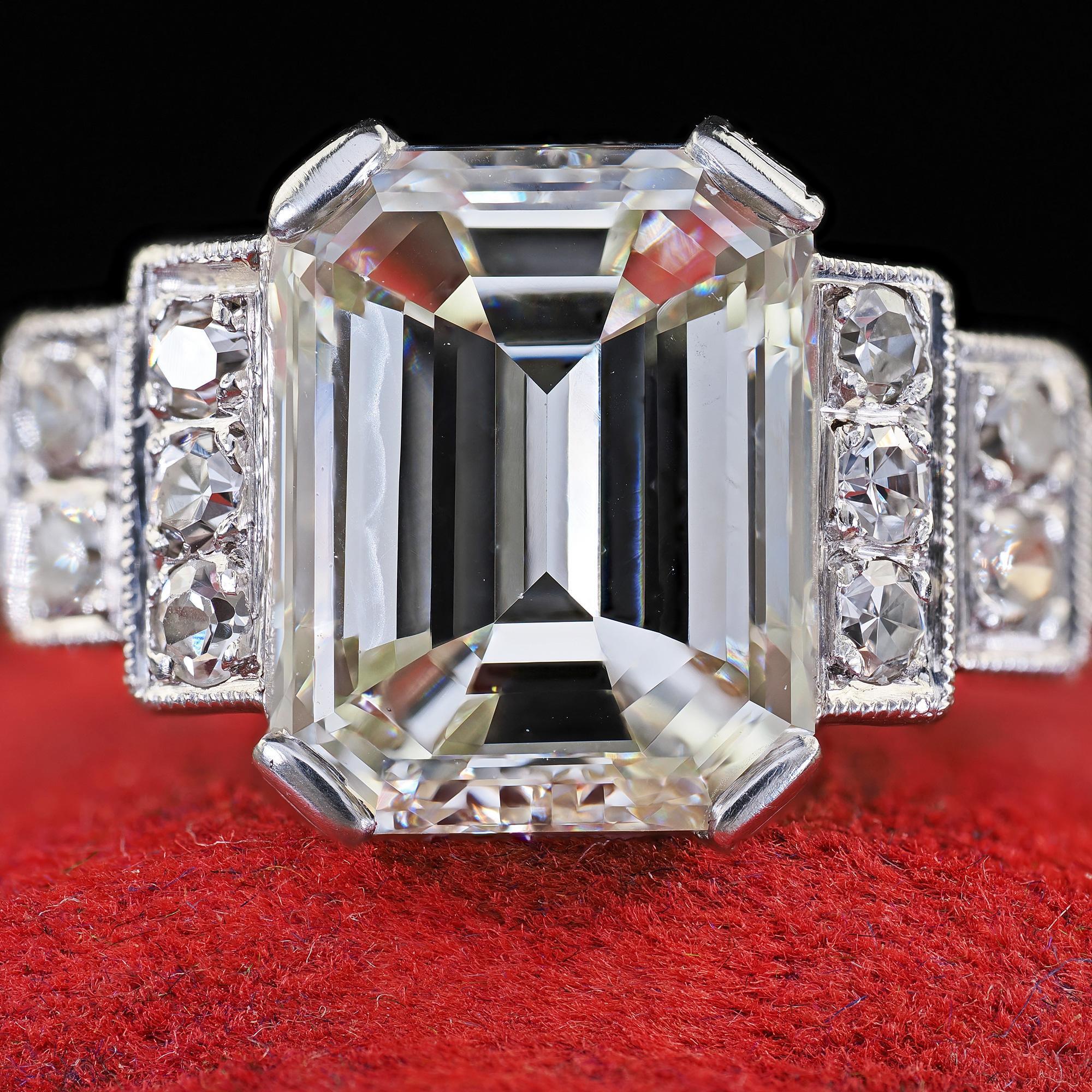 Antique Art Deco Platinum Emerald Cut Diamond Engraved Engagement Ring - GIA For Sale 2