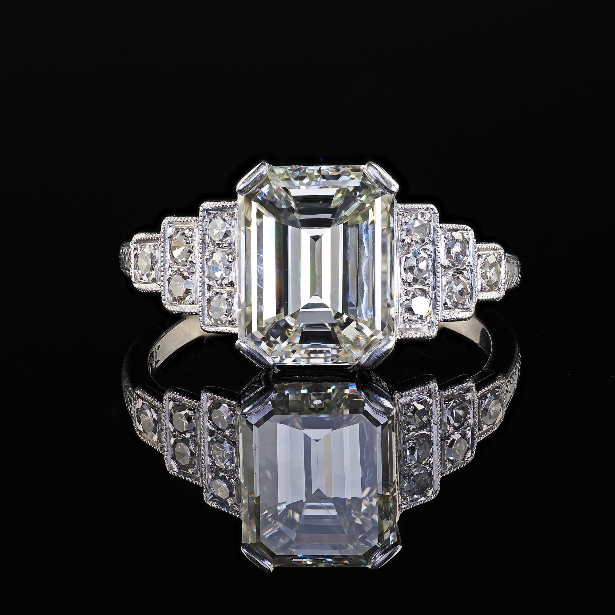 Antique Art Deco Platinum Emerald Cut Diamond Engraved Engagement Ring - GIA For Sale 3