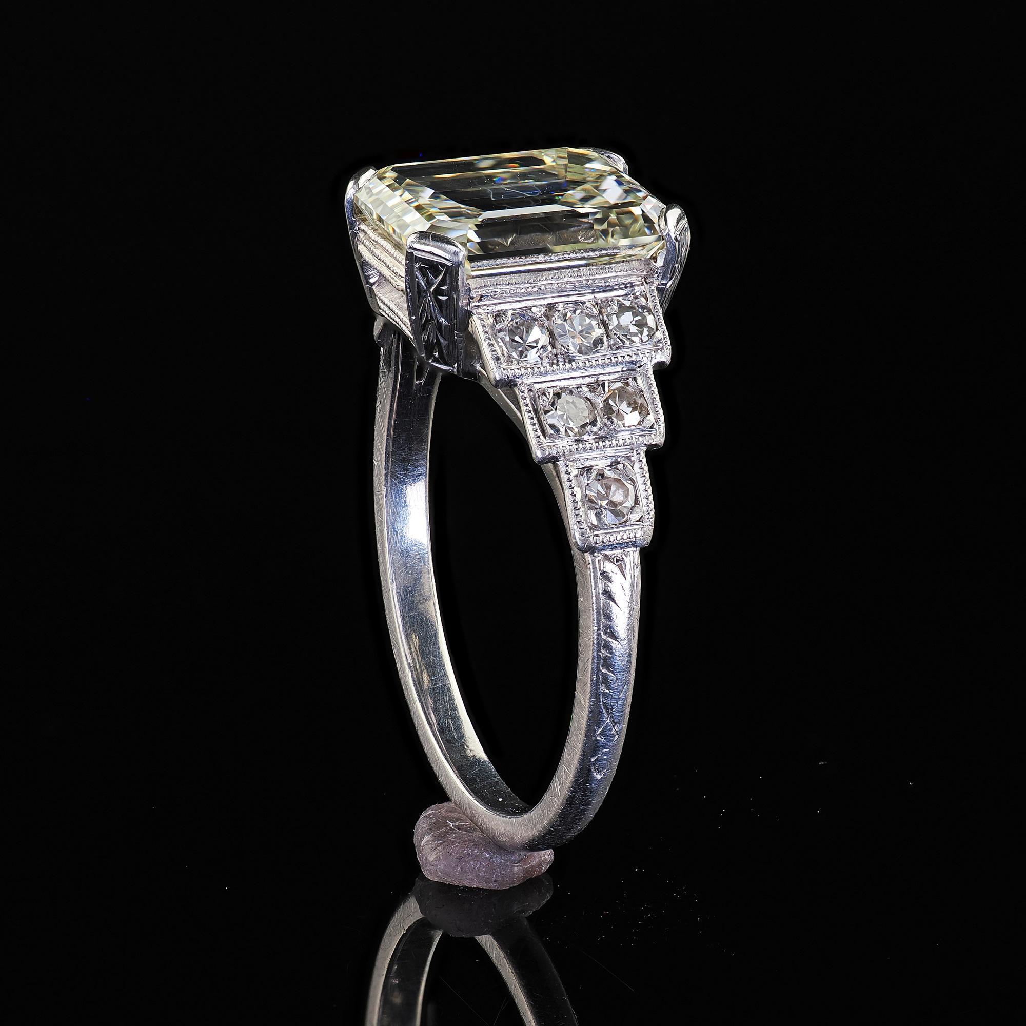 Antique Art Deco Platinum Emerald Cut Diamond Engraved Engagement Ring - GIA For Sale 4
