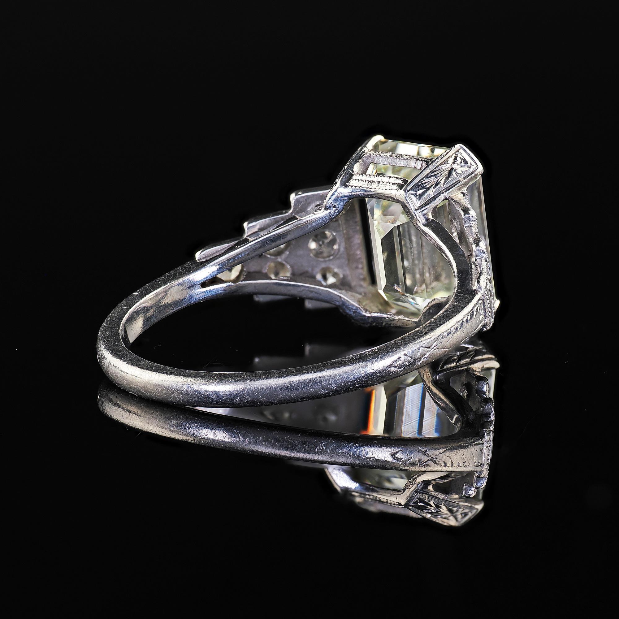 Antique Art Deco Platinum Emerald Cut Diamond Engraved Engagement Ring - GIA For Sale 5