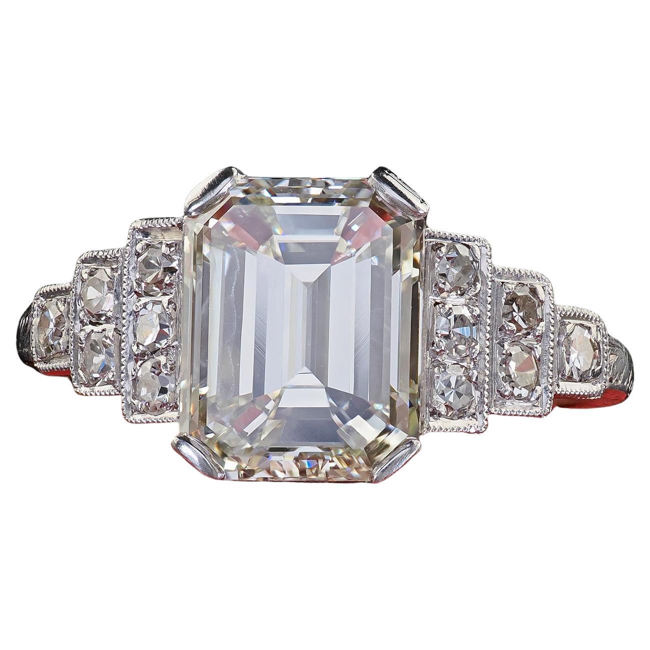 Antique Art Deco Platinum Emerald Cut Diamond Engraved Engagement Ring - GIA For Sale