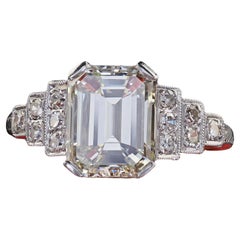 Antique Art Deco Platinum Emerald Cut Diamond Engraved Engagement Ring - GIA