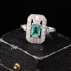 Antique Art Deco Platinum Emerald and Diamond Dinner Ring