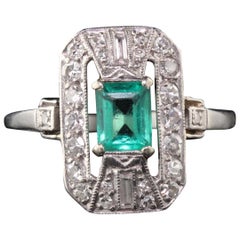 Antique Art Deco Platinum Emerald and Diamond Dinner Ring
