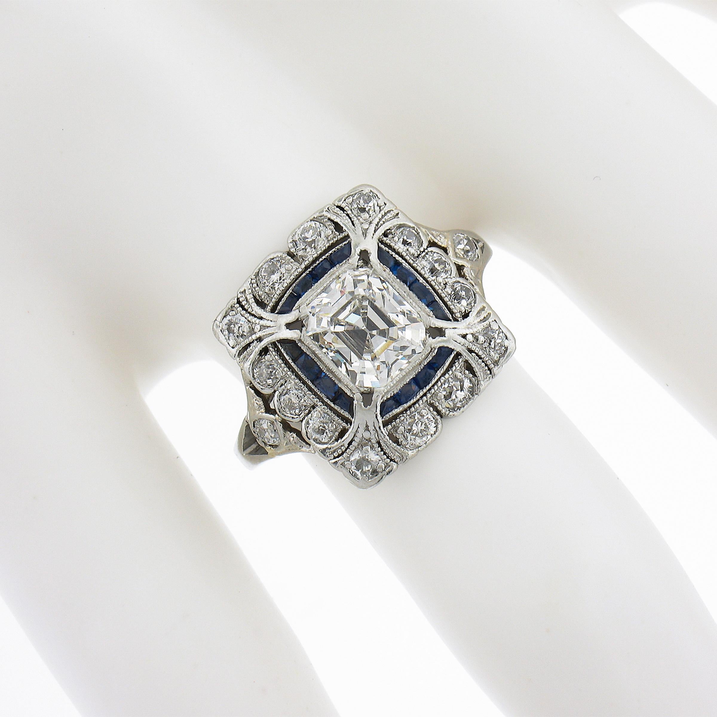 Antique Art Deco Platinum Emerald Diamond Sapphire Filigree Dinner Platter Ring In Excellent Condition In Montclair, NJ