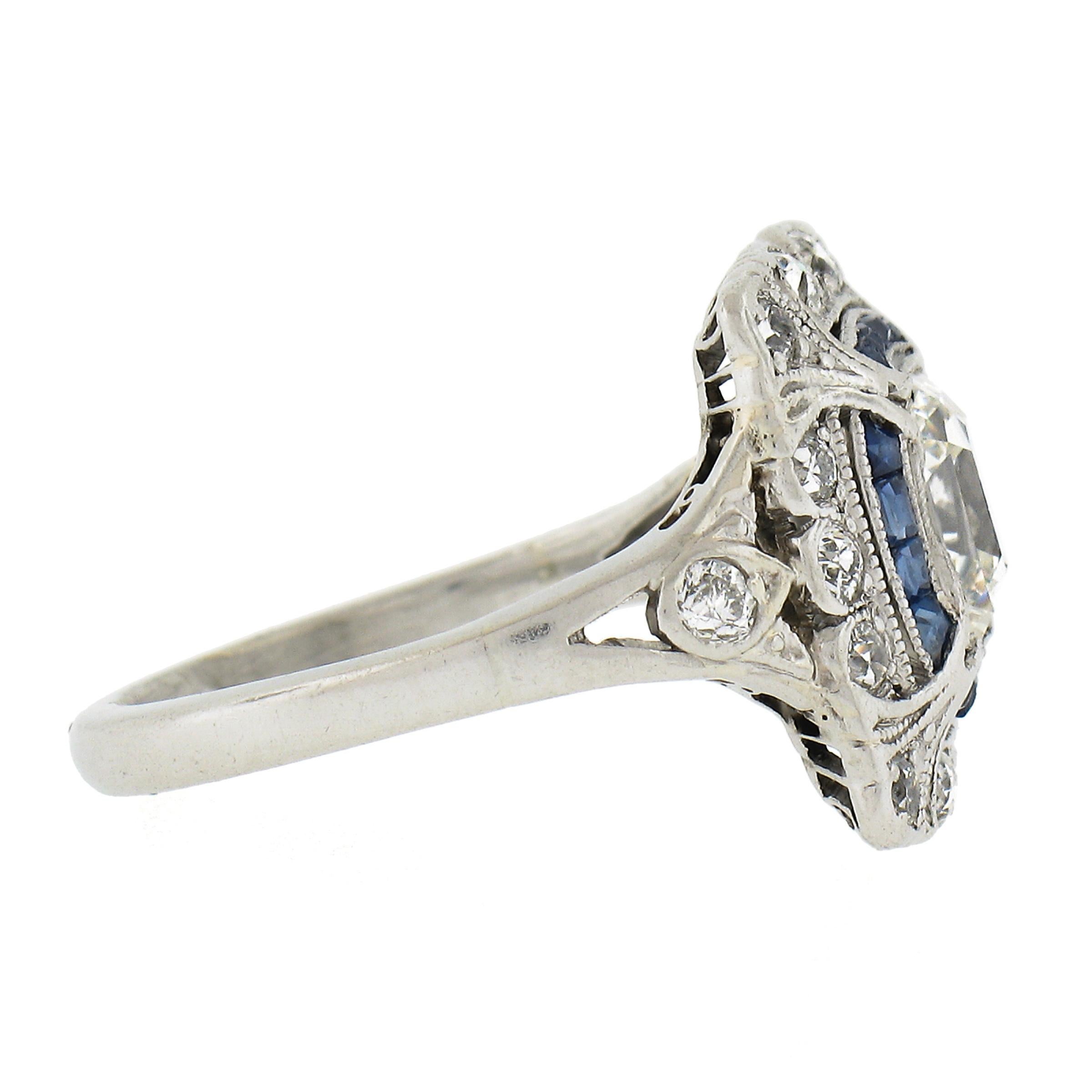 Women's Antique Art Deco Platinum Emerald Diamond Sapphire Filigree Dinner Platter Ring