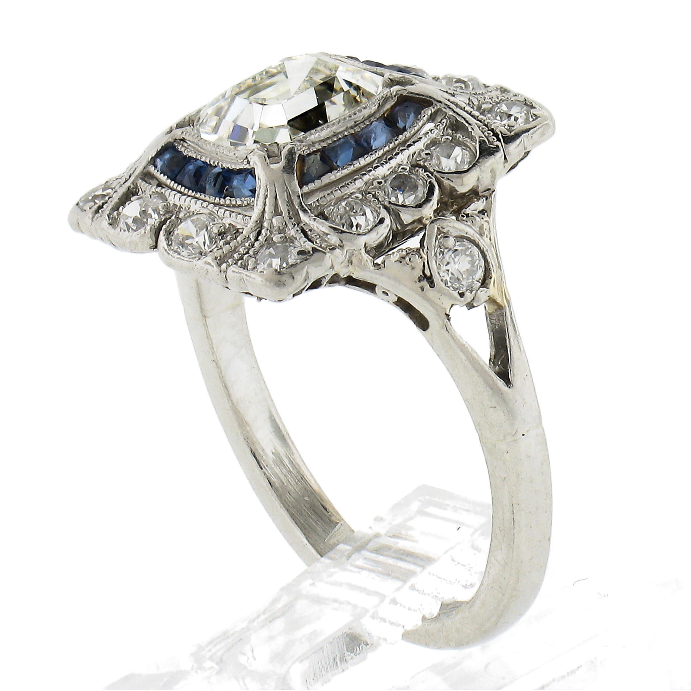 Antique Art Deco Platinum Emerald Diamond Sapphire Filigree Dinner Platter Ring 4